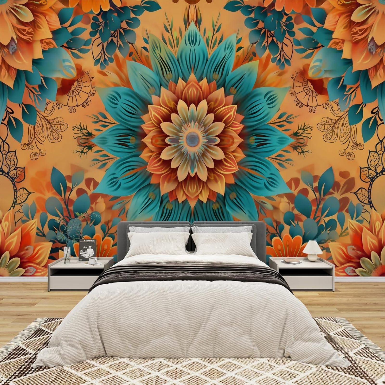 Mandala fototapeta do sypialni, wzór 3D etniczny brązowy włóknina do salonu rustykalne kwiaty dekoracja ścienna tapeta do pokoju dziecięcego, 150 cm x 105 cm