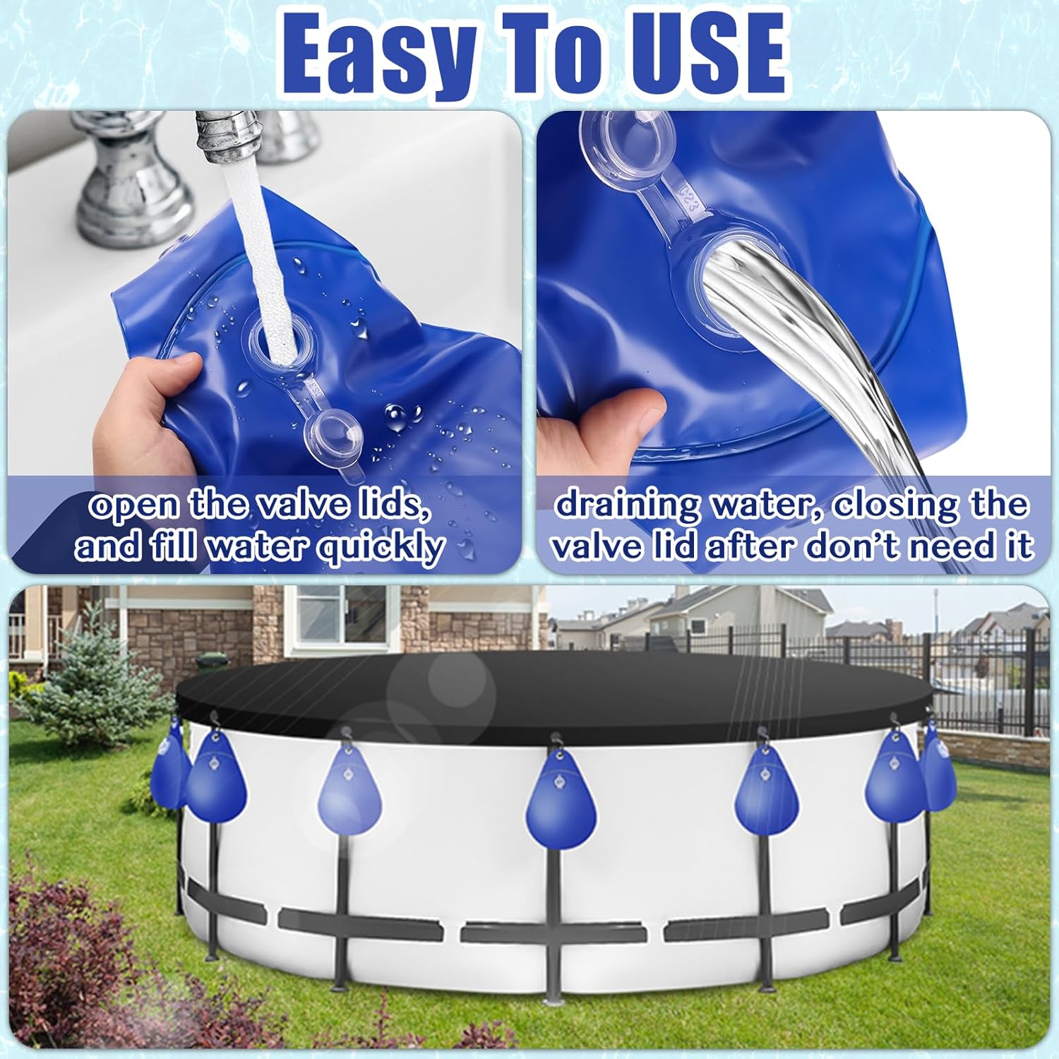 16 Pack Pool Cover Weights with Hooks, Windspeed Thick PVC Pool Tarp Weights for Above Ground Swimming Pool Cover Hanging Bag Leakproof Winter Pool Cover Water Weights with 16 Hooks