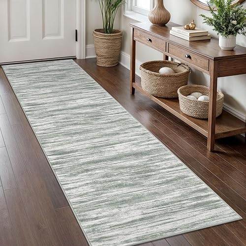 Miniatura 184 de KOZYFLY Alfombra moderna abstracta lavable de 2.6 x 10 pies, antideslizante, suave, alfombra de camino de cocina, alfombra a rayas azules óxido para