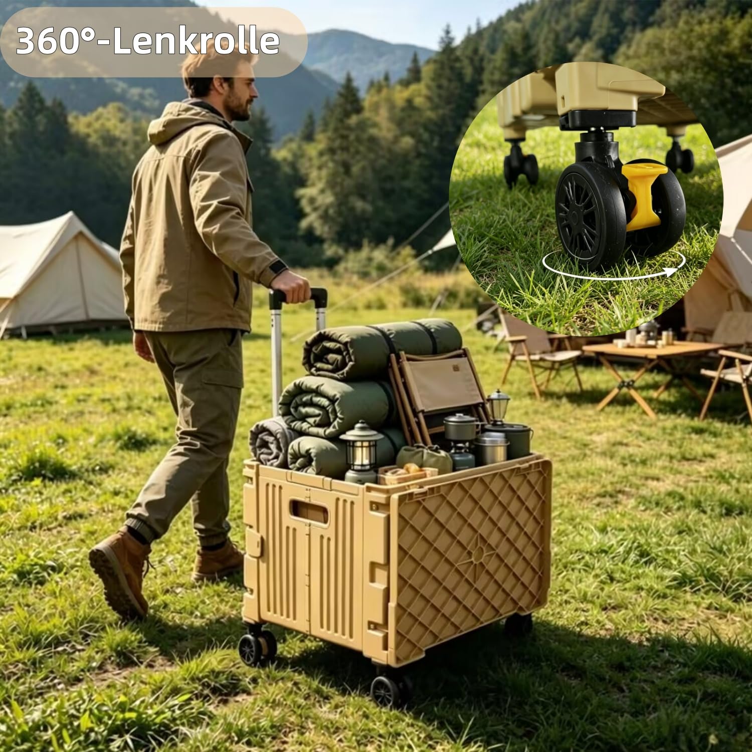 Einkaufstrolley, Klapptrolley mit Rollen & Teleskopgriff, bis 80 kg, 63 L Kiste,Faltbare Einkaufshilfe, Rolltrolley,Einkaufskorb mit Deckel, Braun,für den Wocheneinkauf, zum Camping