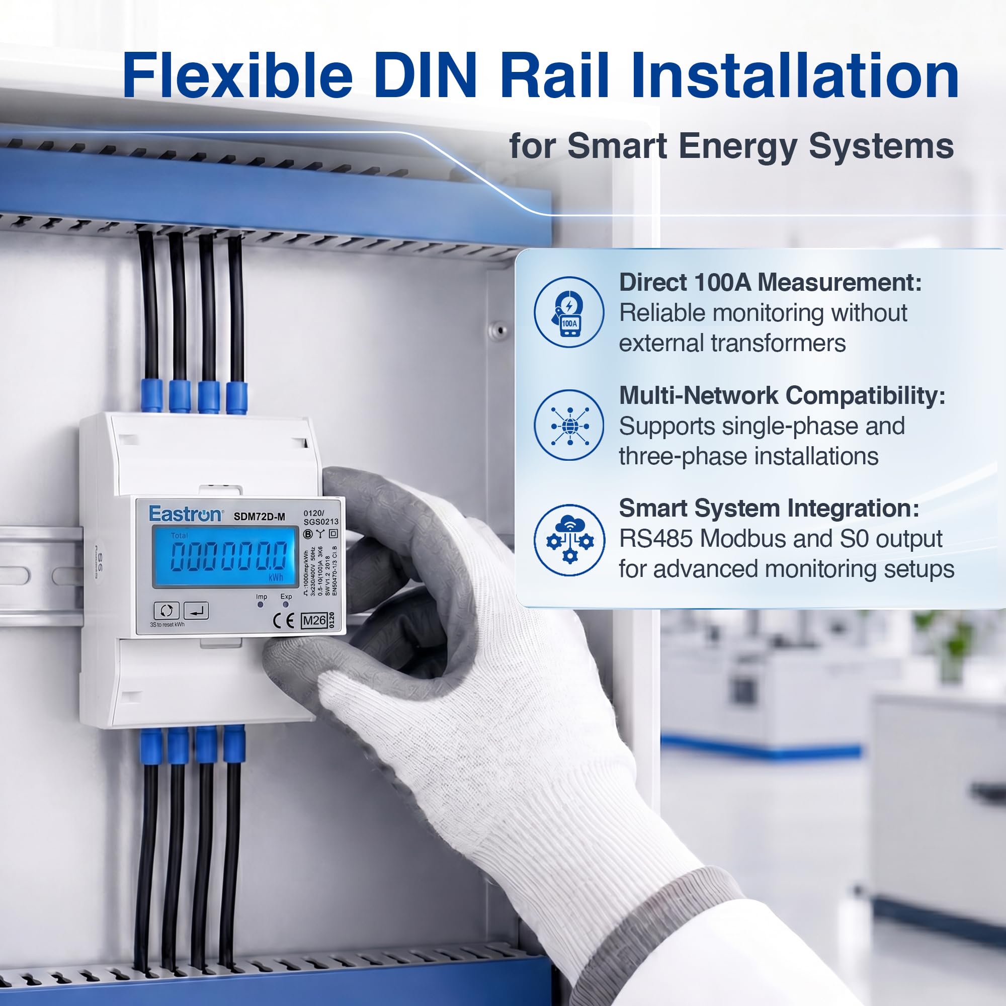 Eastron SDM72D-M V2 Medidor de energía eléctrica Modbus trifásico 100 Amp kWh Medidor de energía de riel DIN con pulso. Pantalla LCD retroiluminada digital. MID/Calibrado