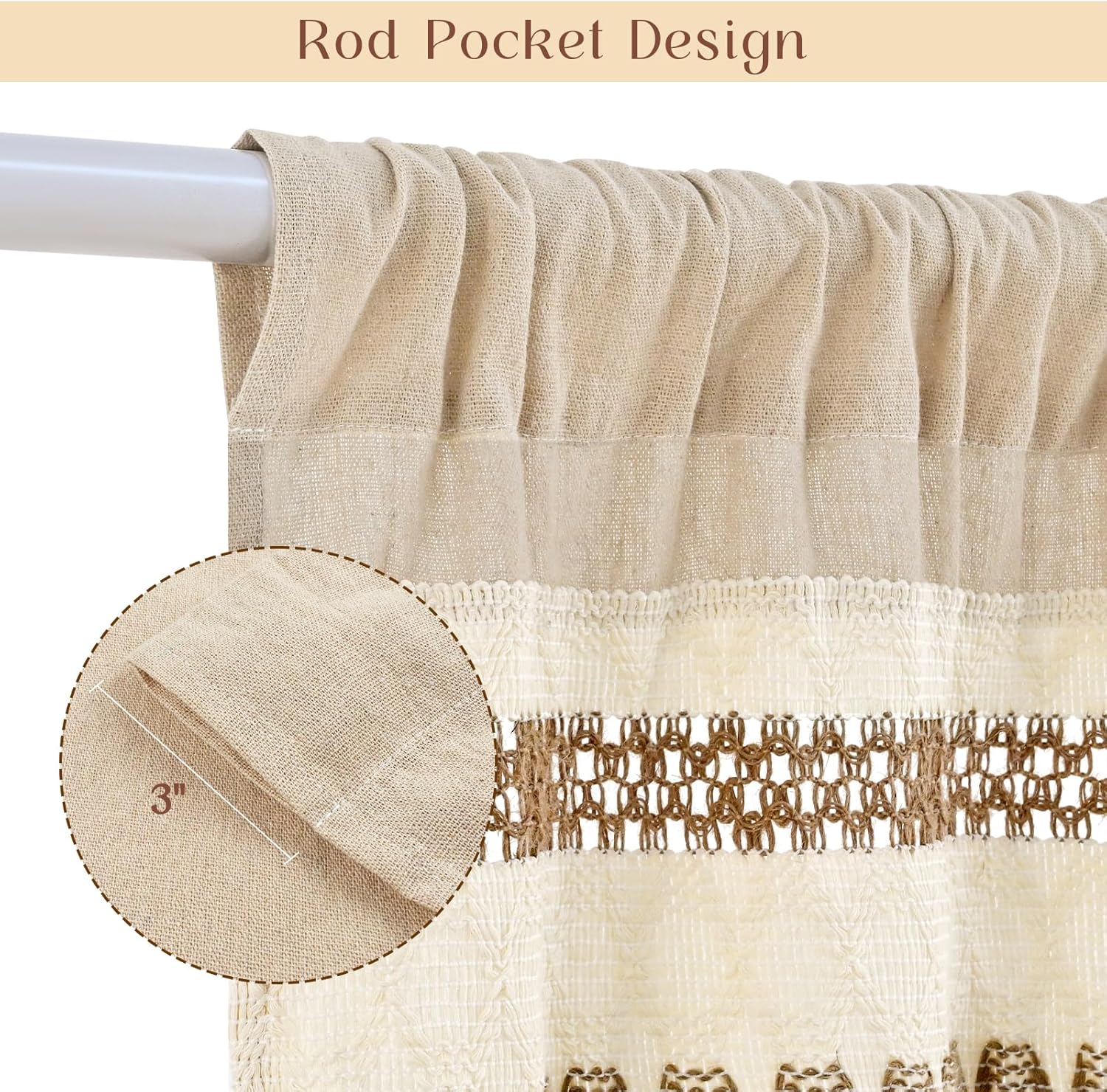 FRAMICS Farmhouse Kitchen Curtains 36 Inch Length Striped Short Curtain for Windows Boho Crochet Small Window Curtains for Kitchen Rod Pocket Light Filtering Tier Curtain for Bathroom, Cafe