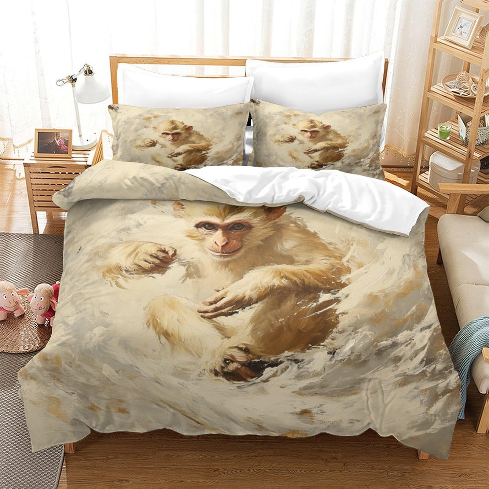 P1S9U7W5Y 3D Printed Animal Monkey Duvet Cover Set 3pcs Microfiber Monkey Bedding Set King（220x240cm）
