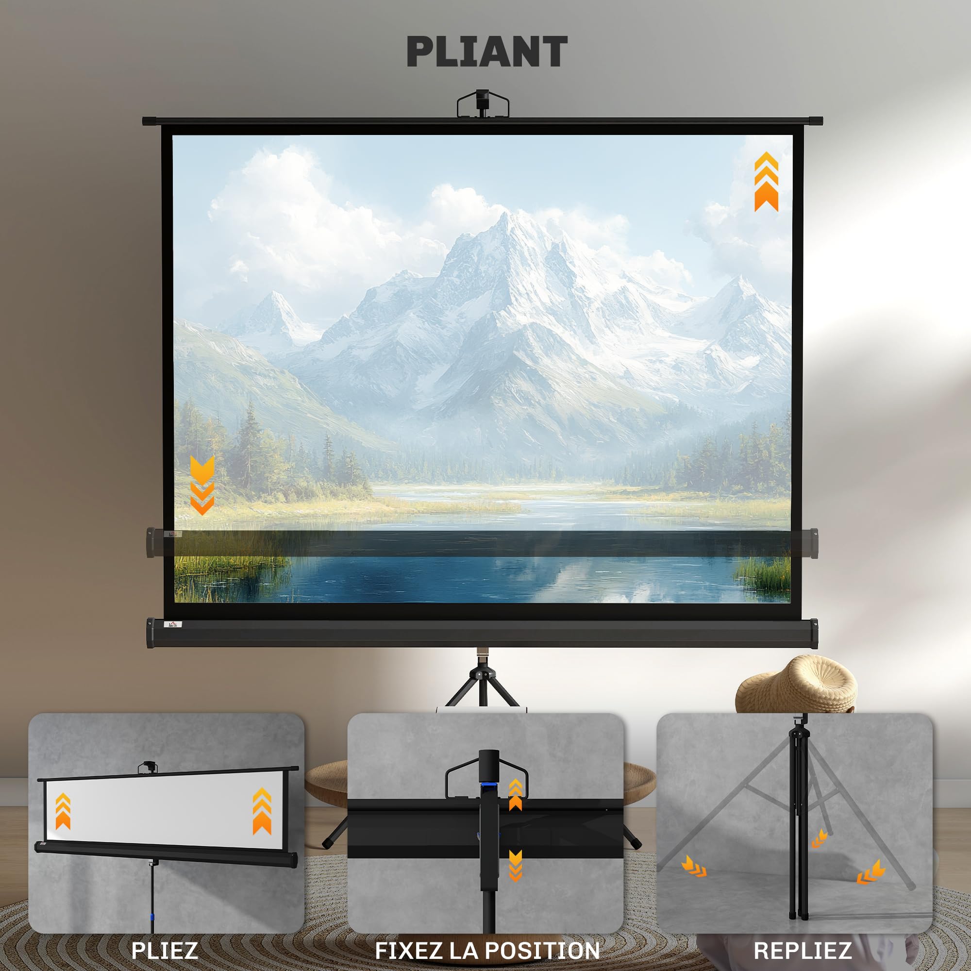 HOMCOM Écran de Projection avec Trépied Pliable 84 Pouces 4K HD 4:3, 180L cm, Écran Vidéoprojecteur, Hauteur Réglable, Angle de Vision 160°, pour Home Cinéma, Films en Intérieur/Extérieur, Noir
