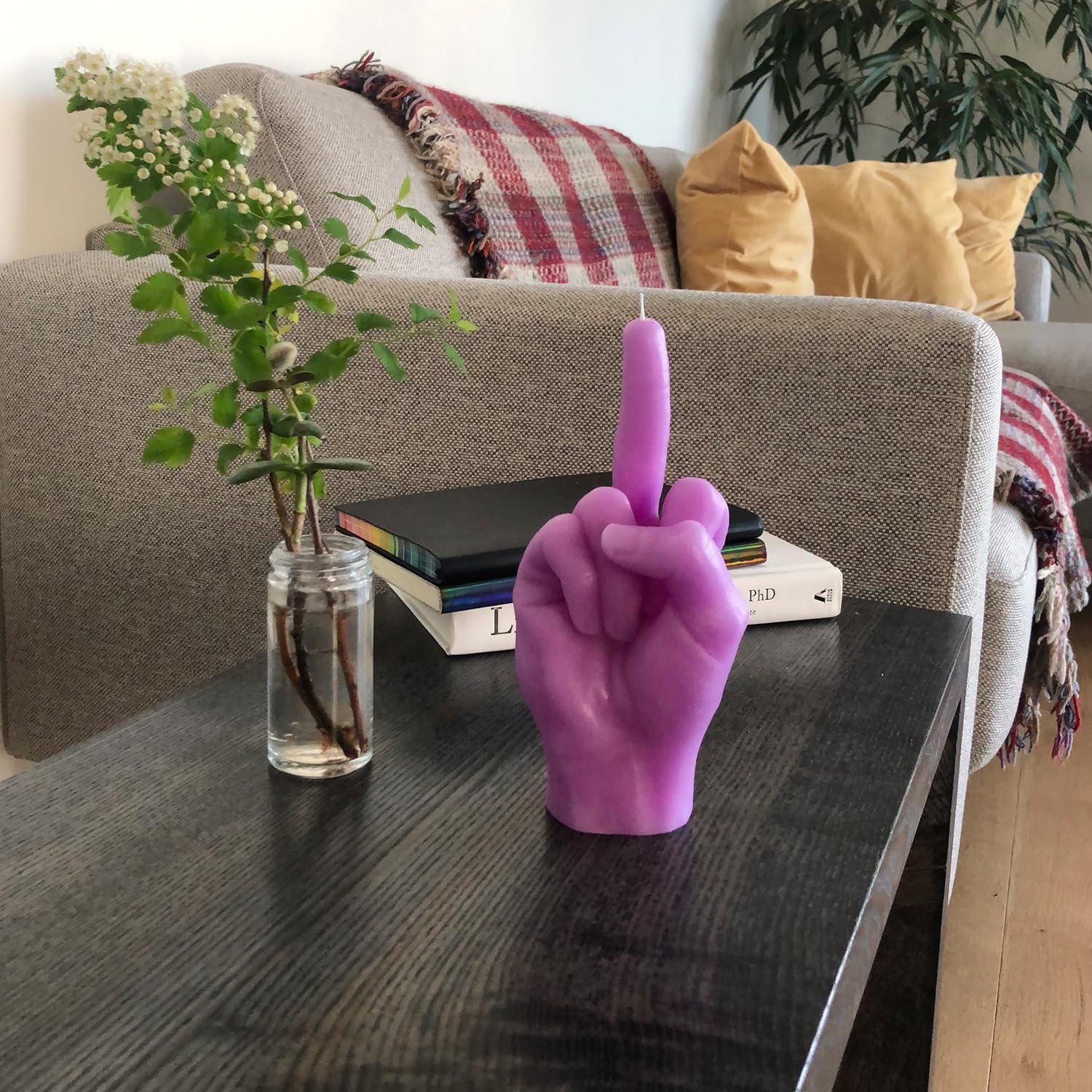 Candela per gesti delle mani F*CK YOU - Dito medio - Grande mano reale Dimensioni 22 x 9 x 8 cm - Compleanno insolito, ufficio, regalo di inaugurazione della casa (Viola)