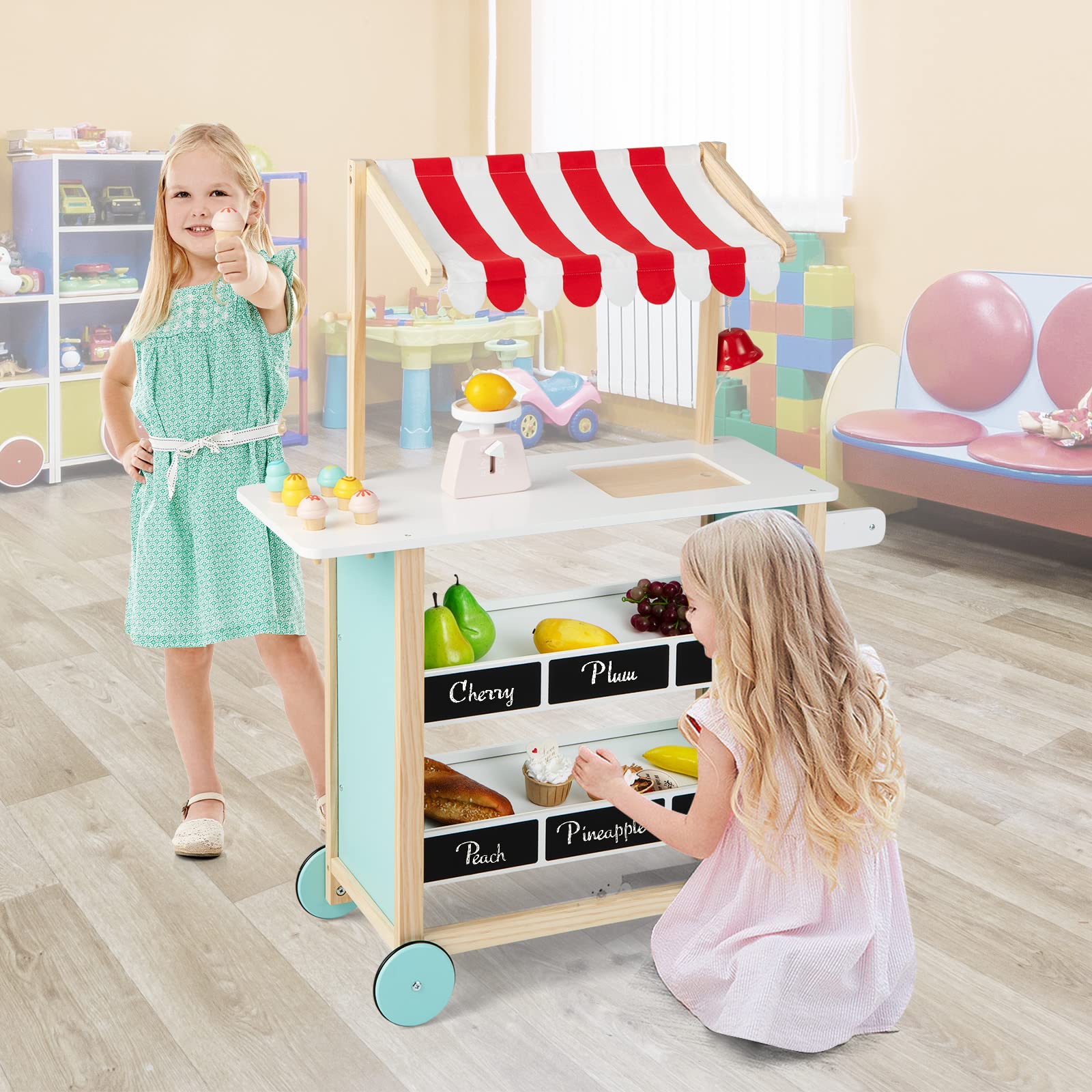 HOMASIS Gelato Truck per Bambini, Negozio di Giocattoli con 6 Gelati, Gelateria con Ruote e Tenda Regolabile, Carrello della Spesa in legno, Set di Bancarella Gioca per Bambini, 3+ Anni (Rosso)