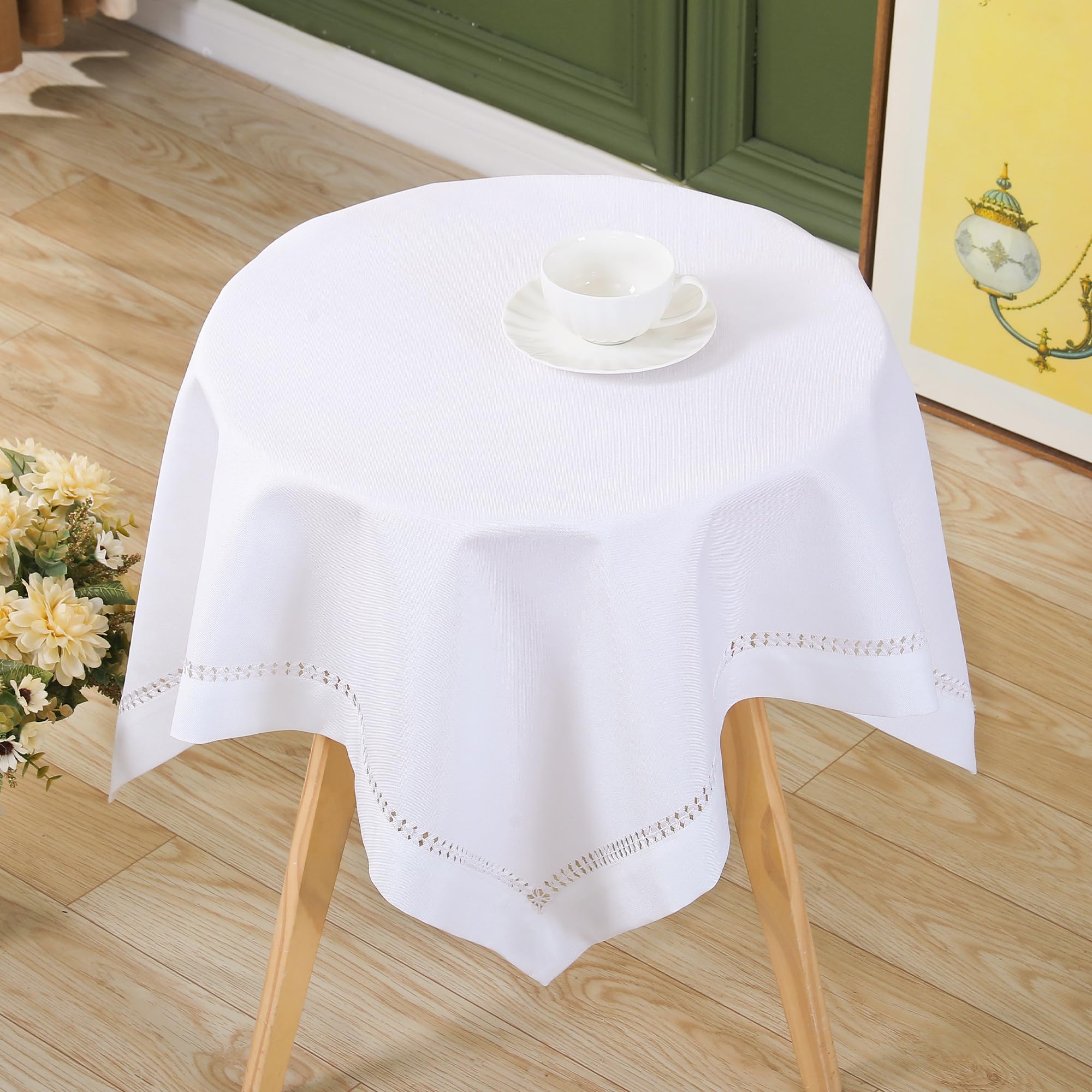 Handmade Hemstitch Tablecloth Natural Faux Linen Table Cloth Small Square Rustic Table Cover for Kitchen Dinning Room Party Pure White 36x36 inch