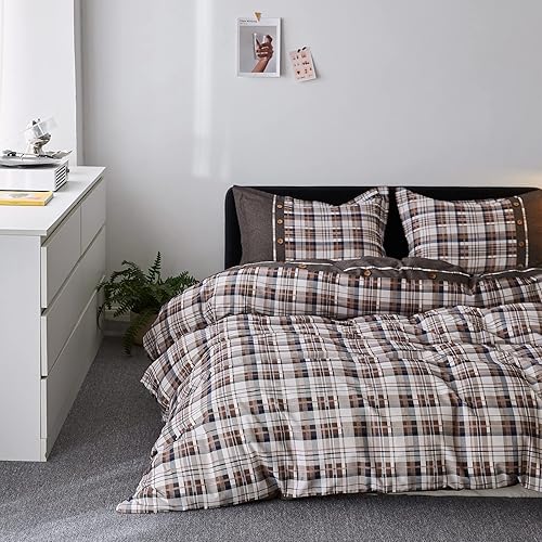 Miniatura 9 de Simple&amp;Opulence Juego de funda de edredón de franela de algodón 100% a cuadros de búfalo blanco y gris, juego de cama suave de 3 piezas, 1 funda de