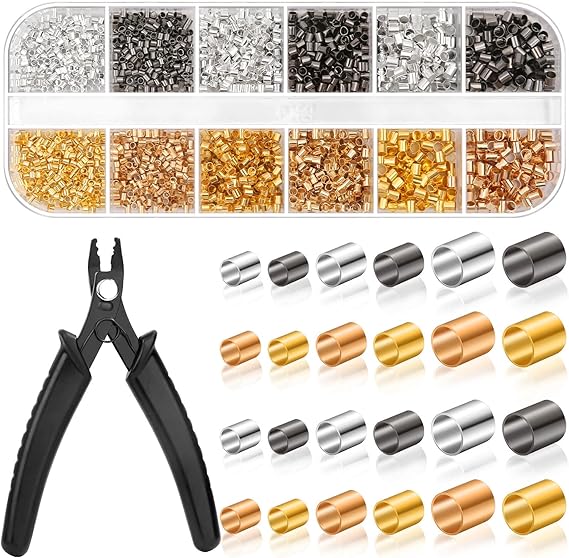 Thrilez Crimping Beads for Jewelry Making, 2200 Pieces Crimp Tubes with Crimping Pliers for Earring Necklace Bracelet DIY Jewelry Making(3 Sizes, 4 Colors)
