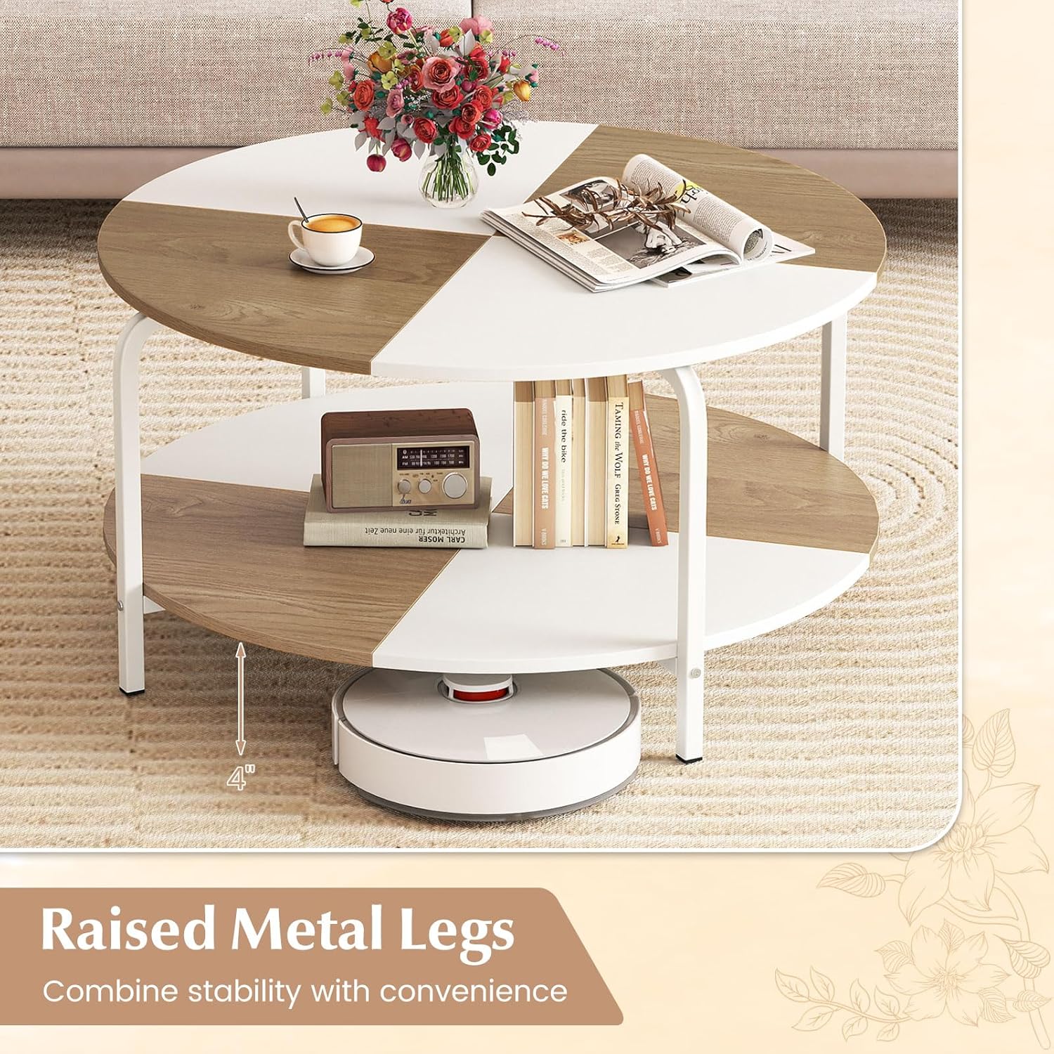 Giantex Round Coffee Table, 2-Tier Center Table with Open Storage Shelf, Cocktail Accent Table with Heavy Duty Metal, Modern Living Room Tables for Small Spaces (White & Natural)