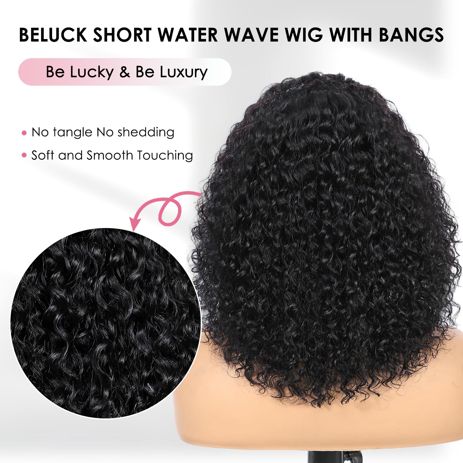 Beluck Glueless Human Hair Wig With Bangs,Short Water Wave Curly Bob Wig Human Hair Wig 180% Density for Women Ready To Wear (10 Inch Black) - Image 4