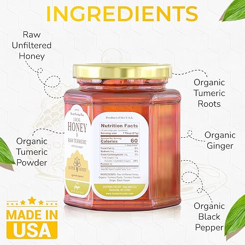 Miniatura 2 de Super Honey - Miel de Carolina del Norte - Miel con cúrcuma, jengibre y pimienta negra - Miel para té - Miel pura de flores silvestres - Miel cruda