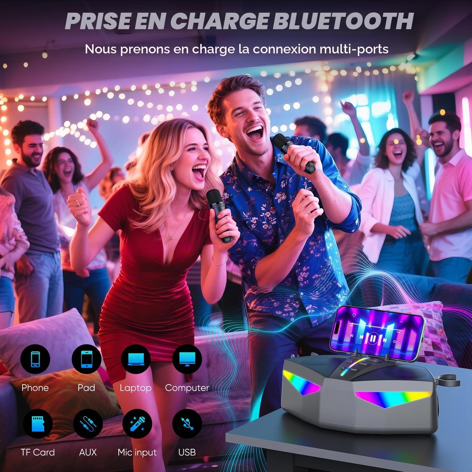 Karaoké Haut-Parleur Portable 35W Réel, Autonomie de 8 Heures, 2 Microphones sans Fil Rechargeables, LED, Machine de Karaoké pour Adultes et Enfants, (CHJ161-Silvergray)