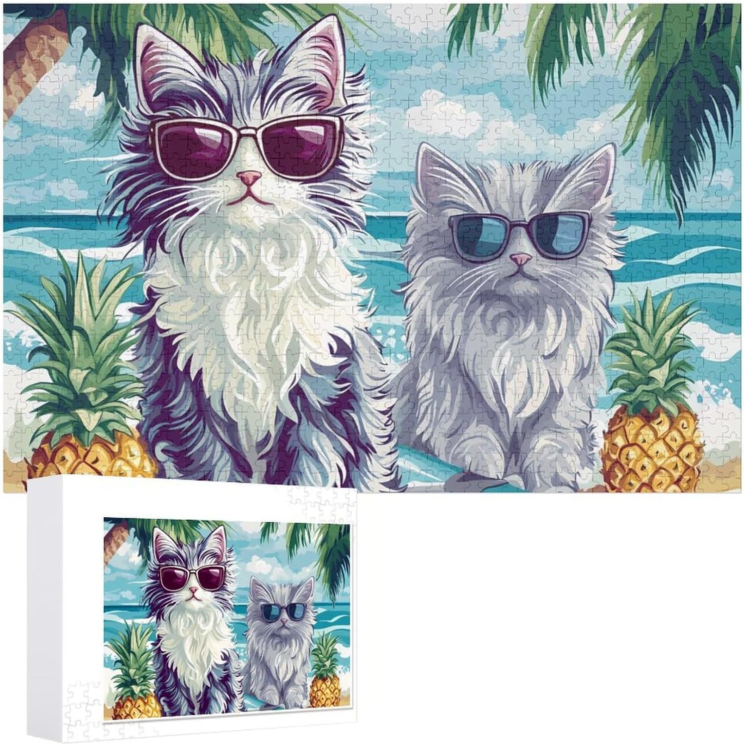 Cute Cat Surf Beach Wood Puzzle Challenging Jigsaw Puzzles for Women Men