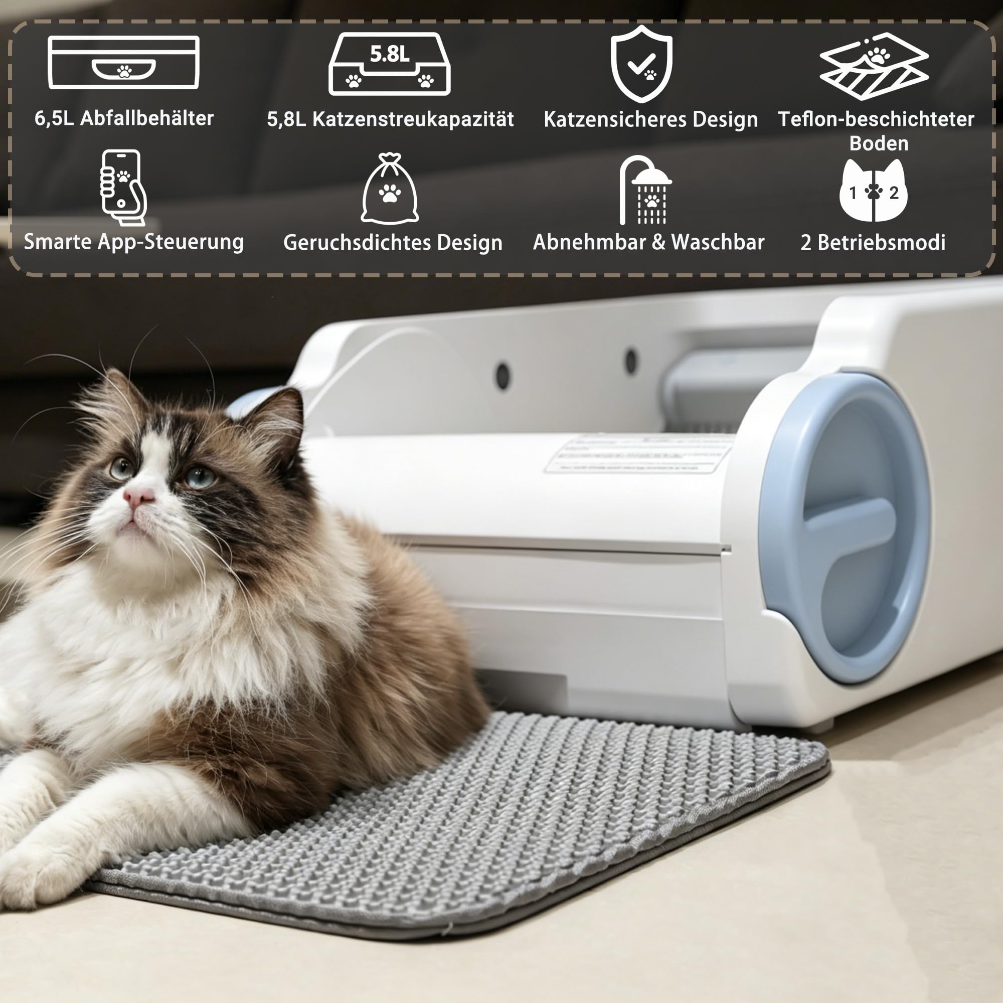 Selbstreinigende Katzentoilette mit Offenem Top-Design | Automatisches Katzenklo für Mehrere Katzen mit 4 Infrarotsensoren,Niedriger Einstieg (16 cm) für Kätzchen & Senioren