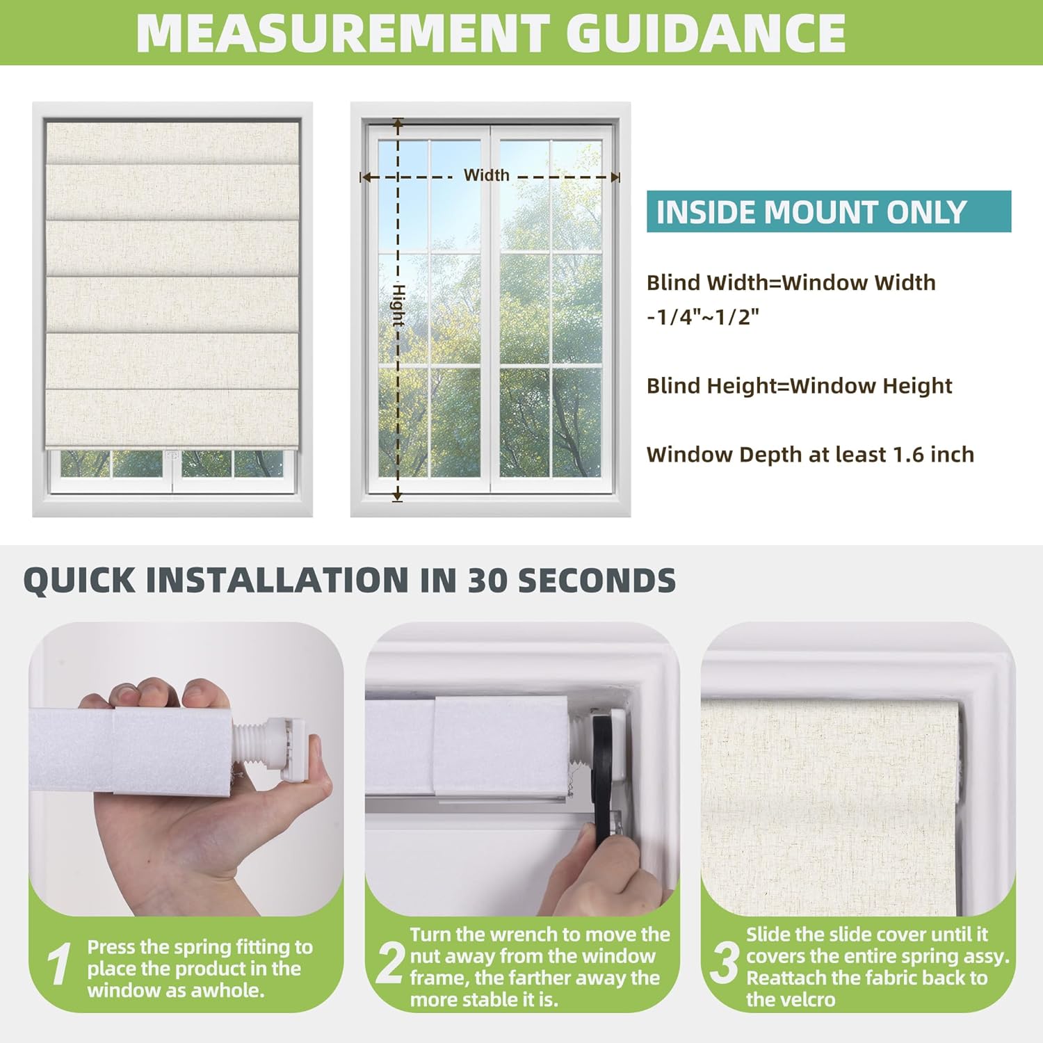 BERISSA No Drill Roman Shades for Windows Blackout, Cordless Linen Fabric Roman Blinds for Windows,Pull Down Room Darkening Window Shades for Home Office,Linen Beige,Custom Size