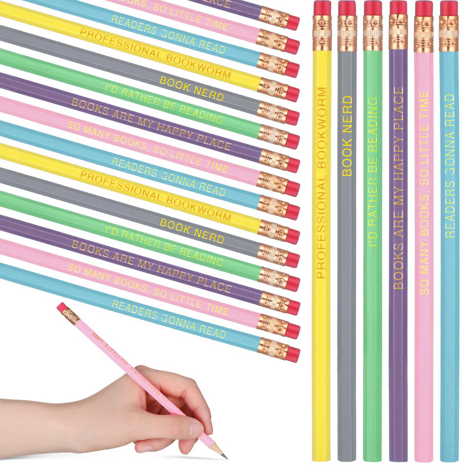 Affrolling 36 Pcs Book Nerd Pencil Bulk with Eraser Book Lover Reading Motivational 6 Design Wooden Graphite 2B Pencil Assortment Fun Educational