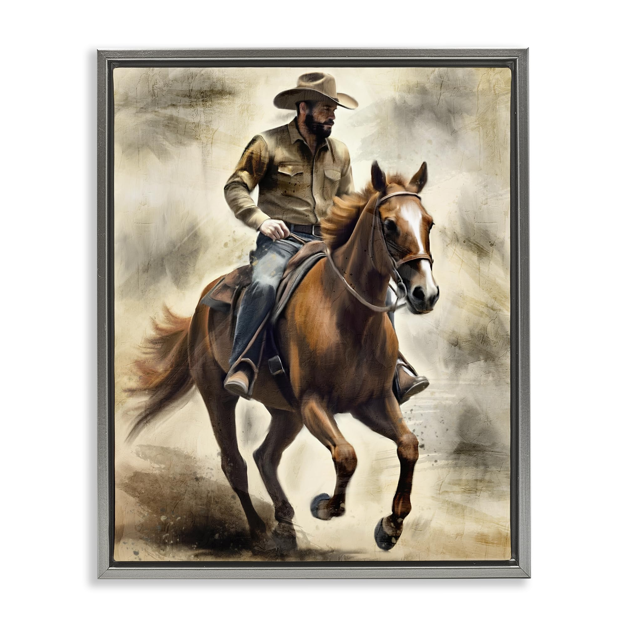 Stupell Industries 'Gallop Horse & Cowboy', Floating Frame Canvas Art, Gray, 25 x 31 Inches, Easy to Hang and Sturdy, Made in USA, by Kim Allen