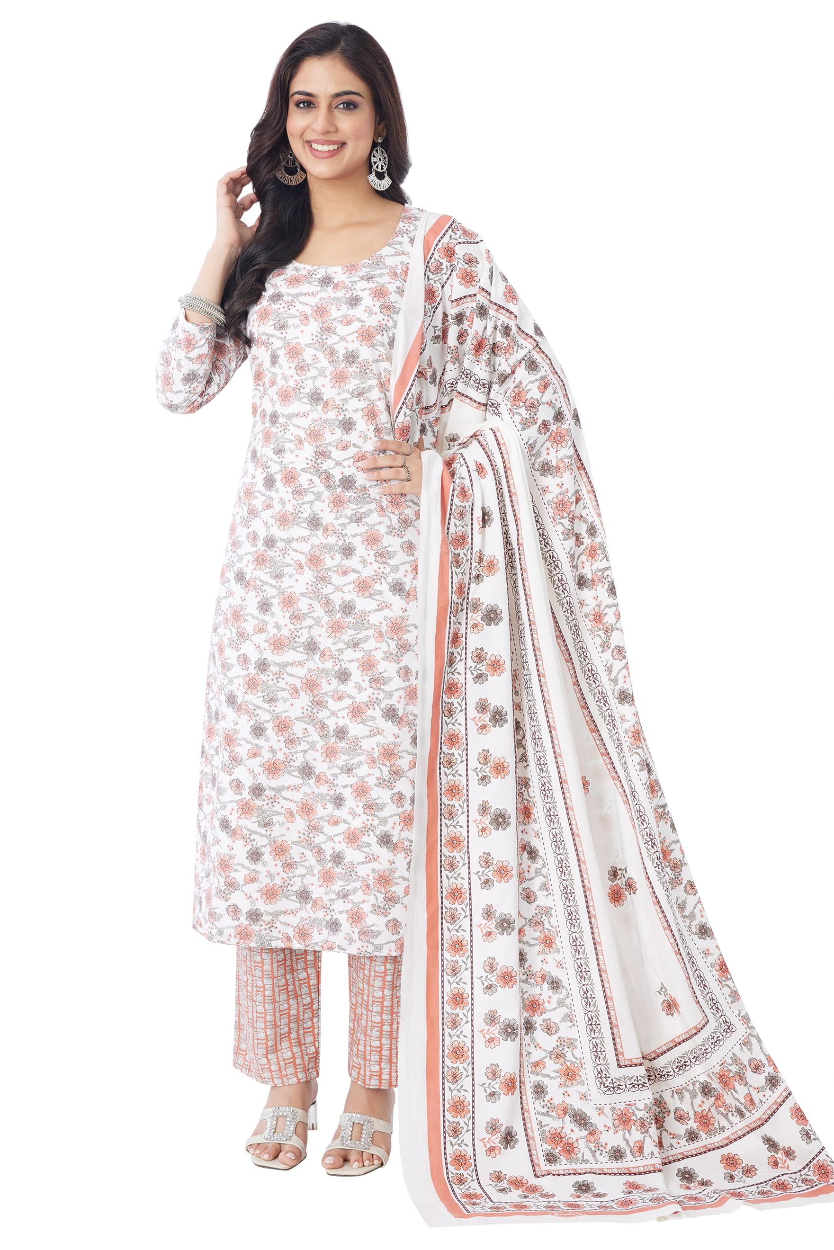 Unstitched Printed Cotton Salwar Suit Dress Material For Women (BAND3316, White, Free Size)