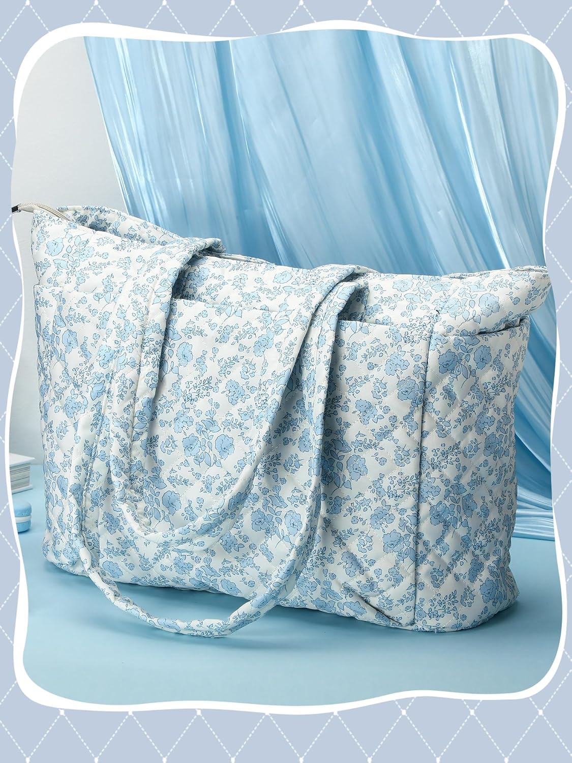 Women Blue Floral/Pink Bow Tote Bag Lightweight Puffy Tote Bag with Zipper Quilted Shoulder Handbag for Travel Work - Image 6