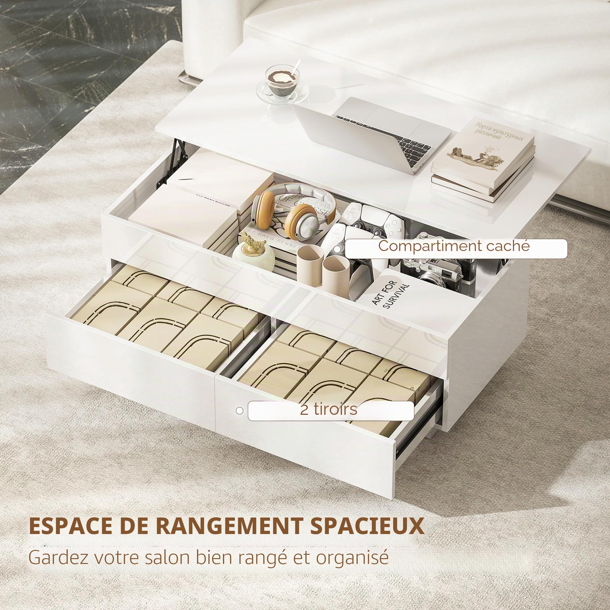 Table Basse HOMCOM réglable en Hauteur, Table de Salon avec Plateau relevable, 2 tiroirs et Espace de Rangement caché, Table Basse pour Salon, Blanc Brillant