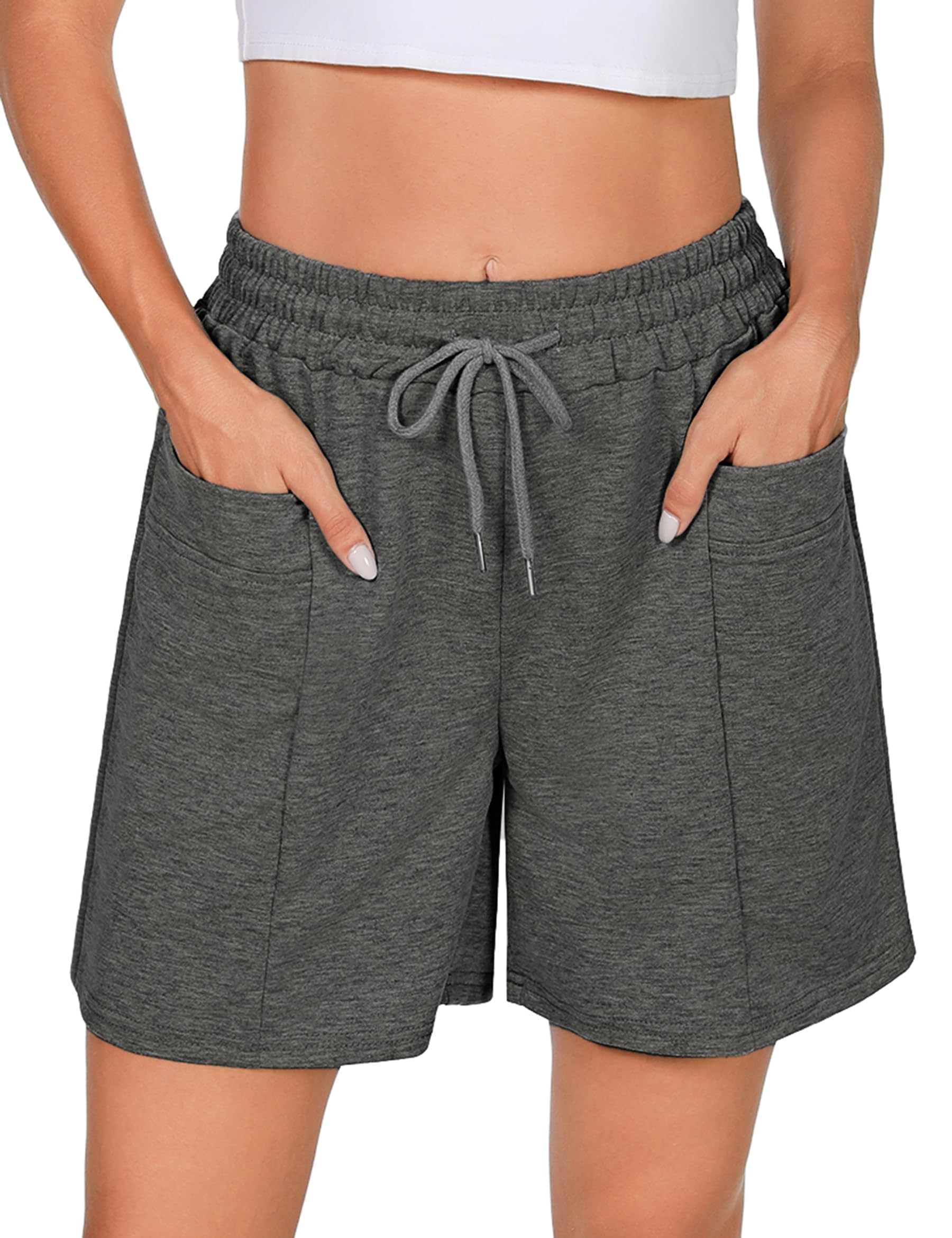 Demegimi Shorts Damen Bermuda Kurze Sporthose Knielang Sweatshorts Sommer Sport Shorts High Waist Lässig Kurz Hosen Baumwolle mit Taschen