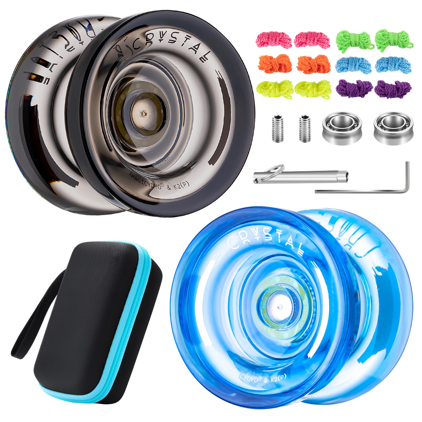 Dual Purpose K2 Crystal Yoyo Pack - Responsive for Kids Beginner, Professional Plastic Trick Yo-yo with 12 Strings + Unresponsive Bearing Kit + Case (Black + Blue)