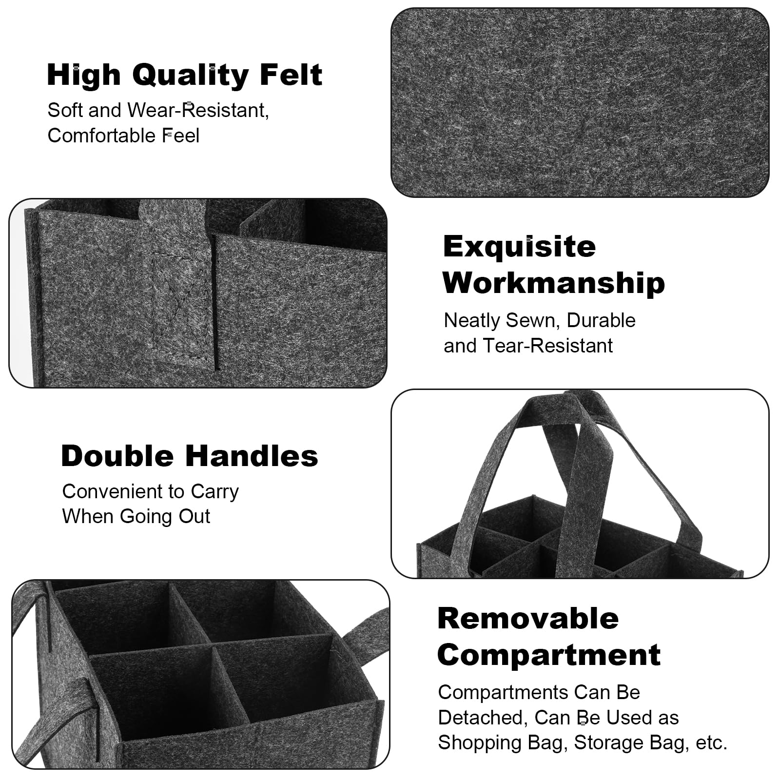 Jinsion Wine Bottle Carry Box with 6 Removable Compartments, Reusable Felt Wine Bottle Carrier Holder Bag - Image 3