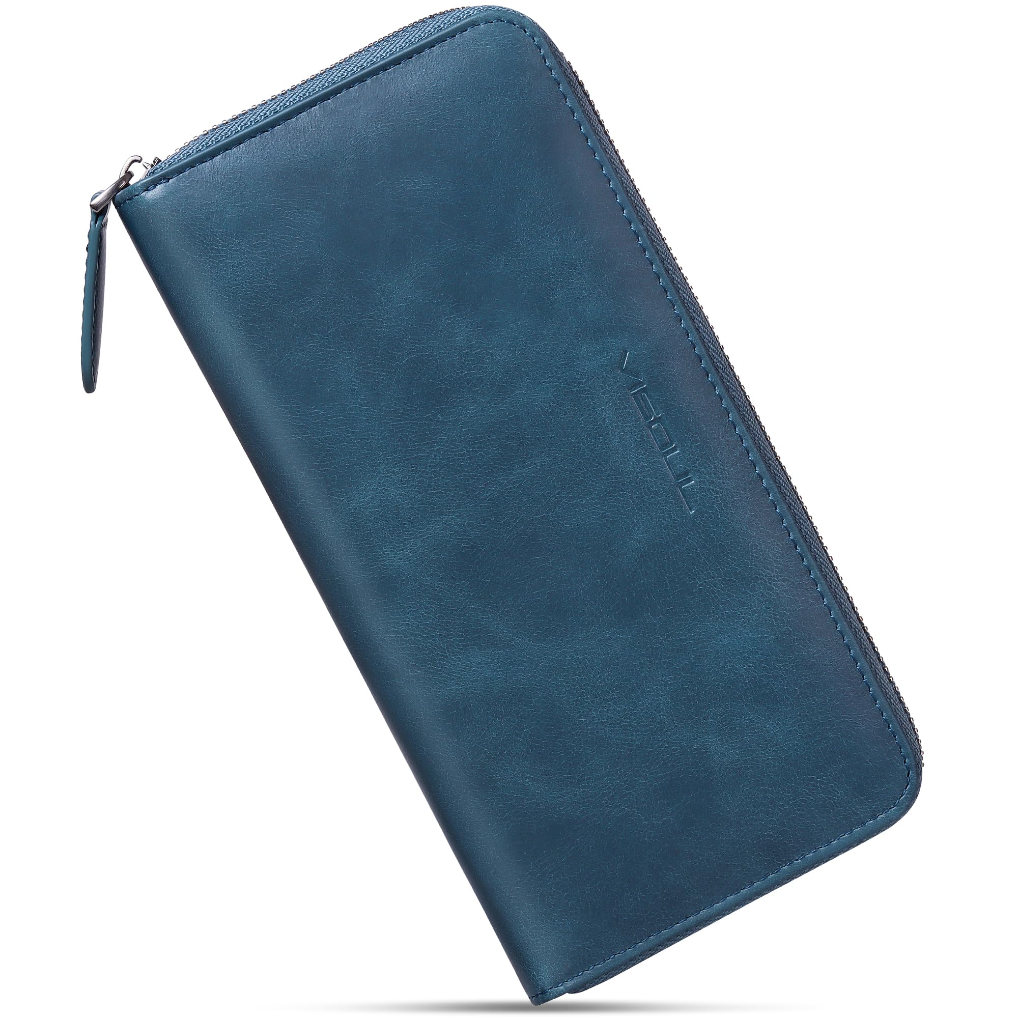 Mens Long Zip Around Wallets VISOUL Genuine Leather Long Organizer Clutch with 3 Cash Compartments (Navy Blue)