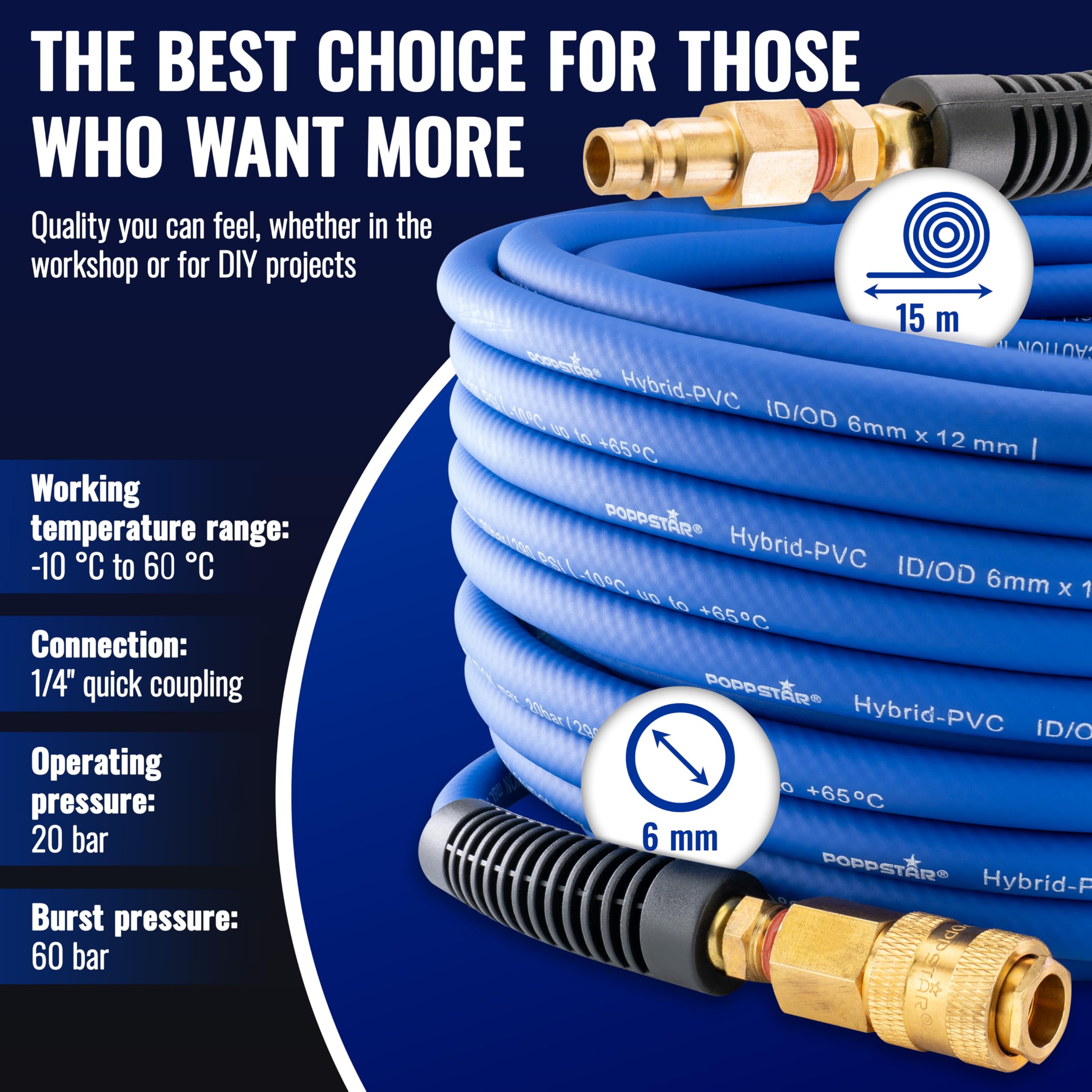 Poppstar PVC Hybrid Compressed Air Hose 15m, ID 6mm, Brass Quick Coupling 1/4", 20 bar, Blue - Image 2