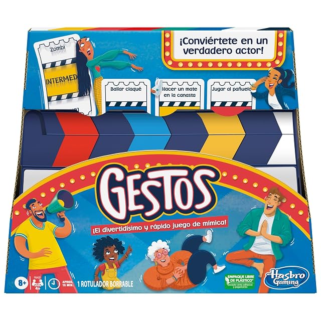 Hasbro Gaming Juego Gestos, Juego de Mímica para 4 o más Jugadores, Incluye Claqueta y Cartas Personalizables