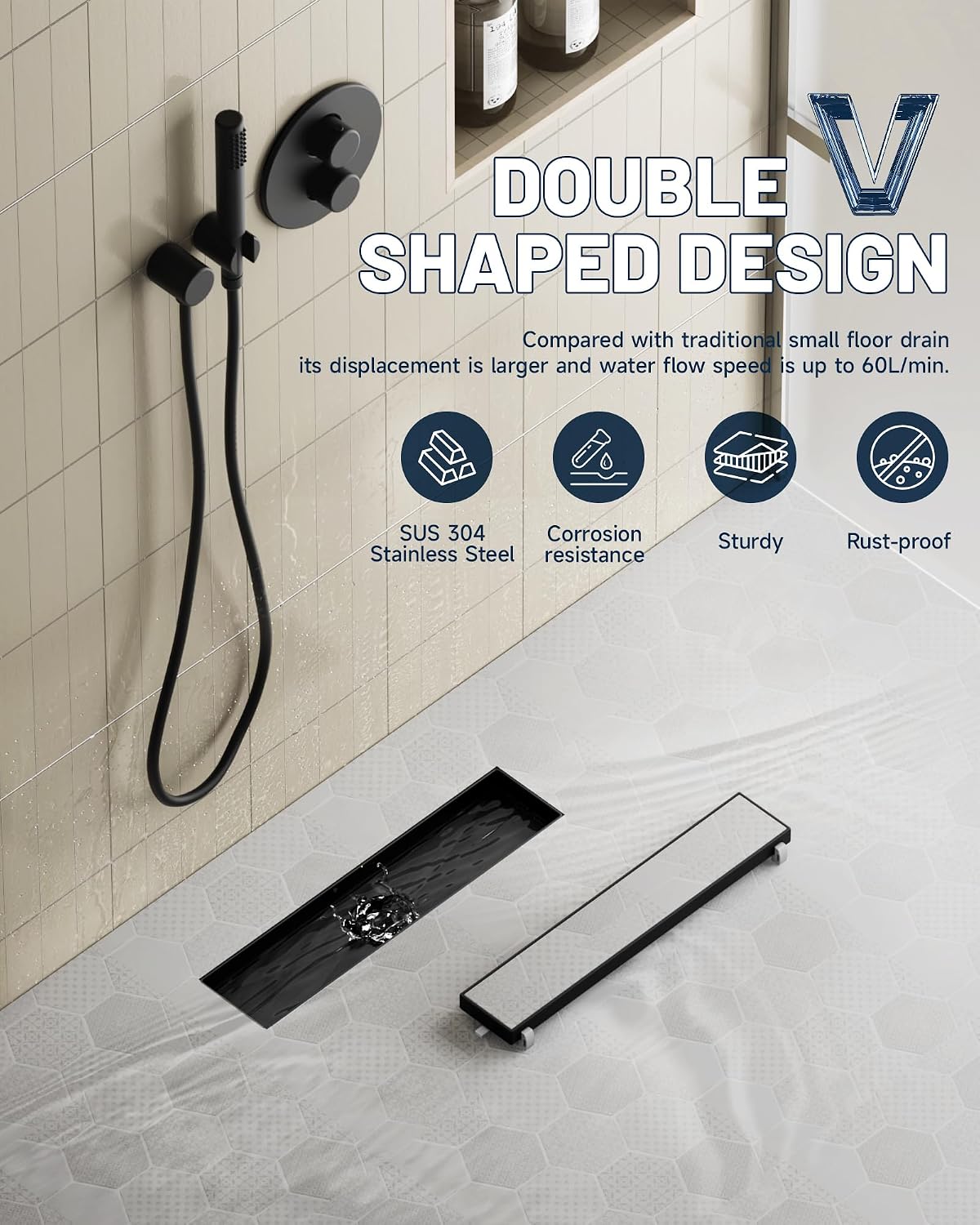Linear Shower Drain with Tile Insert Grate Black 12 Inch 304 Stainless Steel Rectangle Shower Floor Drain 2-in-1 Flat & Tile Insert Cover Linear Drain with Leveling Feet Hair Strainer by Homevacious