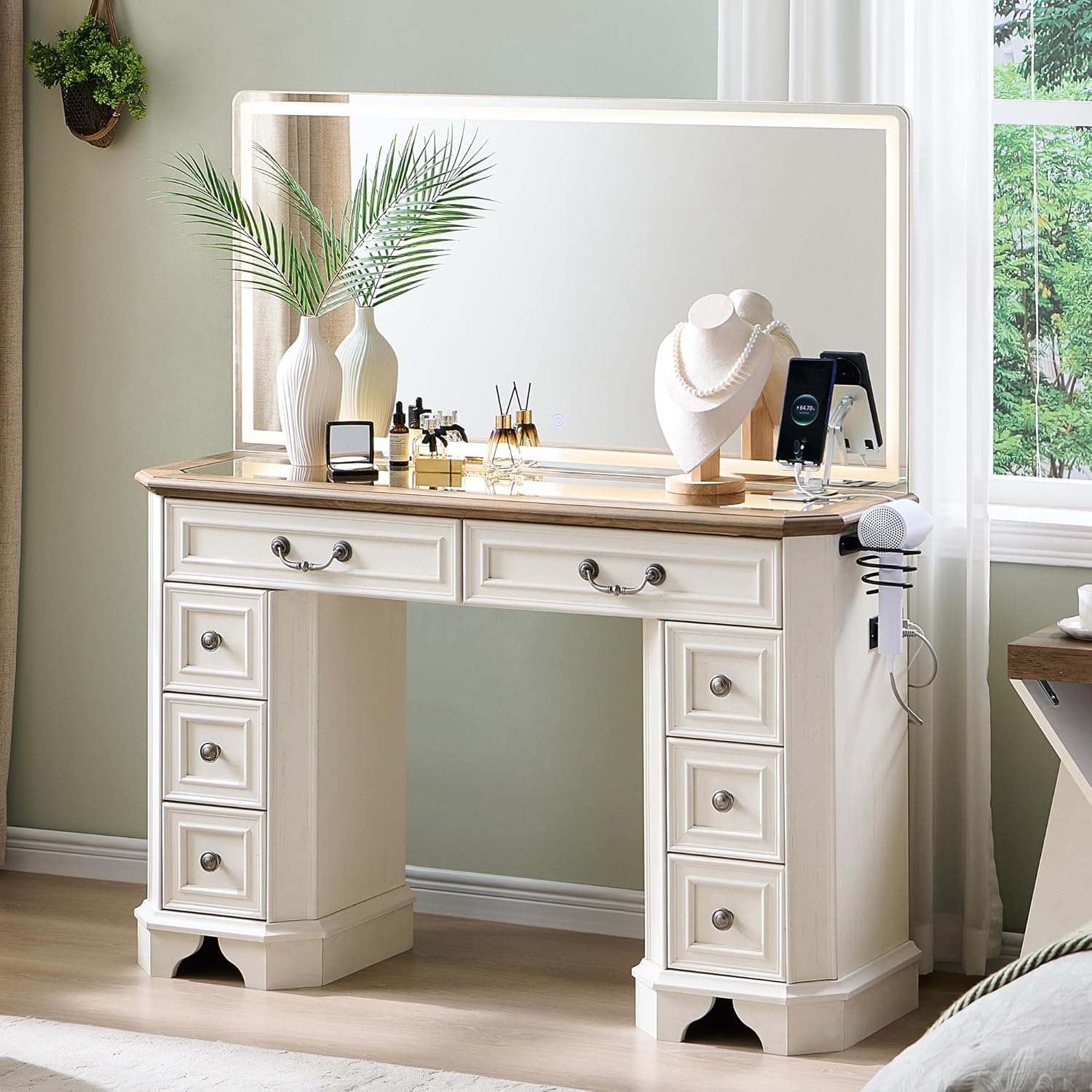 T4TREAM Vanity Desk with Mirror and Lights, 48'' LED Lights Makeup Vanity with 8 Drawers, Farmhouse Vanity Table with 3 Color Modes, Dressing Table with Glass Top and Power (Antique White)