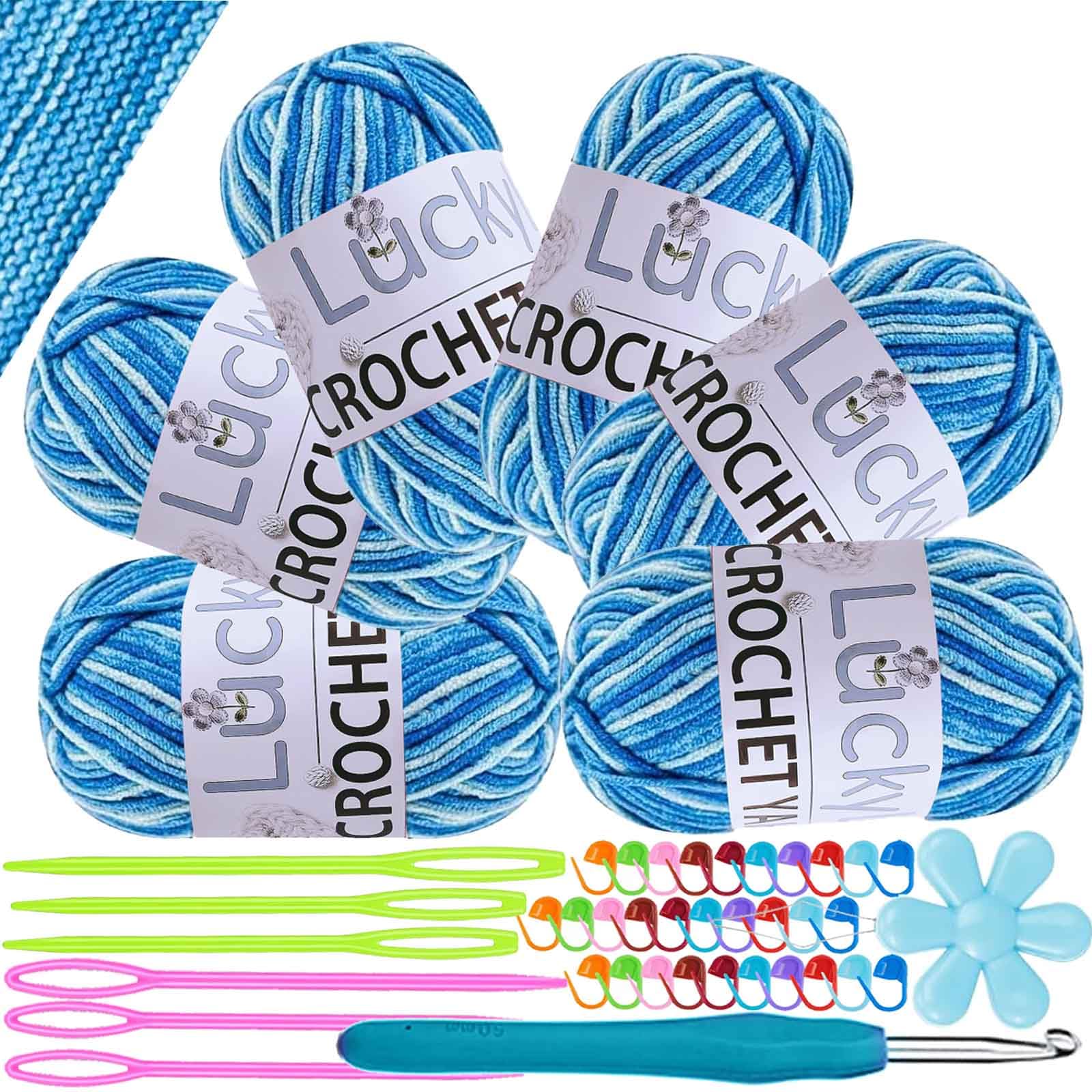Crochet Yarn Double Knitting Wool (6X50g), Multicoloured Acrylic Yarn Crochet Wool with Aluminum Crochet Hooks Stitch Markers for DIY Craft Blankets Socks Dolls (Water Blue Ombre)