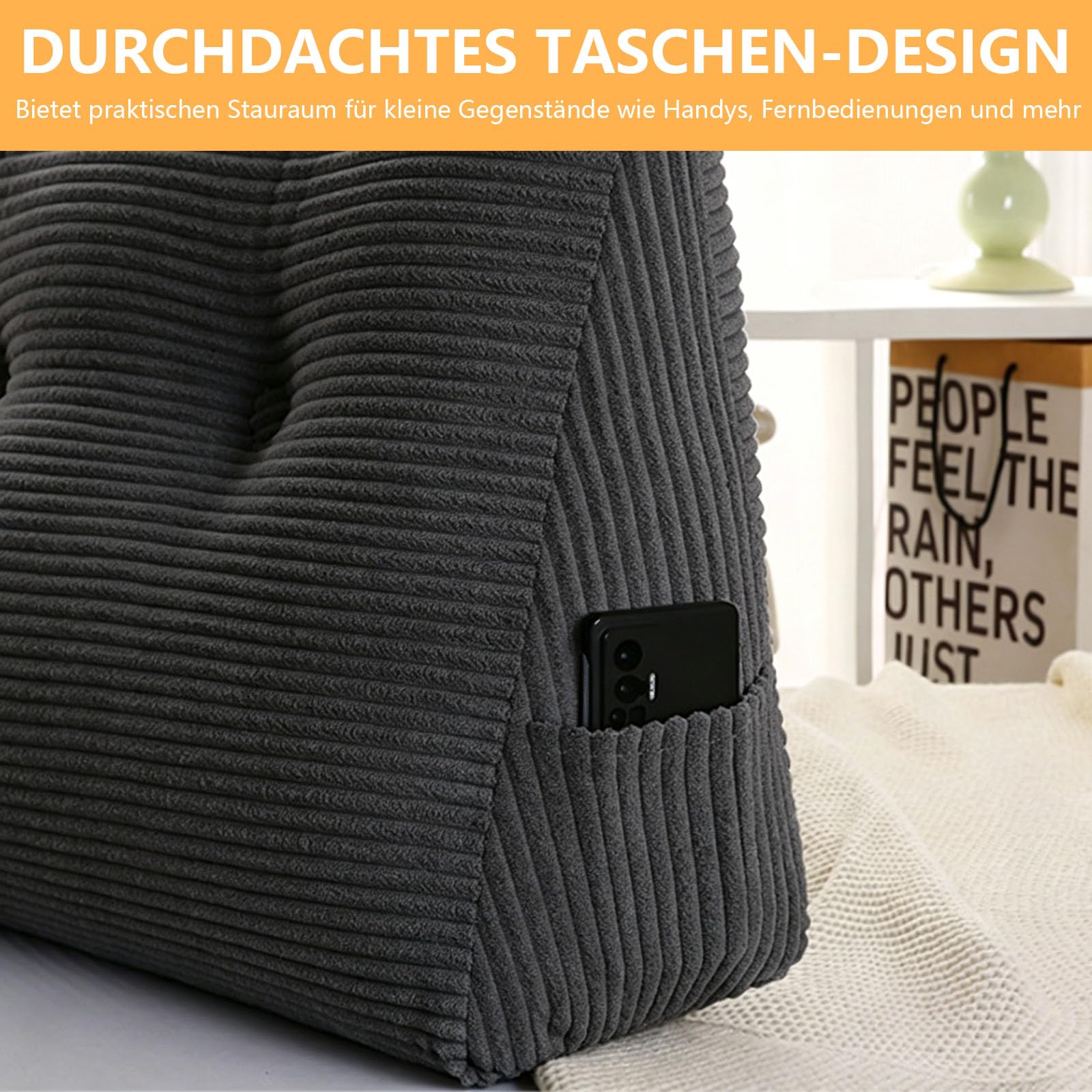 120 * 50 * 20cm Wandkissen, Groß Keilkissen mit 2 Rundes Kissen | Rückenkissen Für Bett Und Sofa mit Waschbarer Kissenbezug&praktischem Seitenfach, ErgonomischesSofa Kissen zum Lesen Arbeiten