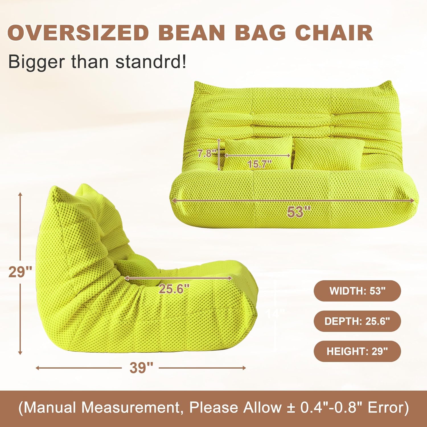 Bean Bag Chair for Adults - Large Bean Bag with Two Pillows, Oversized Boneless Chair with High-Rebound Memory Foam, Lazy Floor Sofa for Reading, Gaming, Living Room, Bedroom (Loveseat, Green)