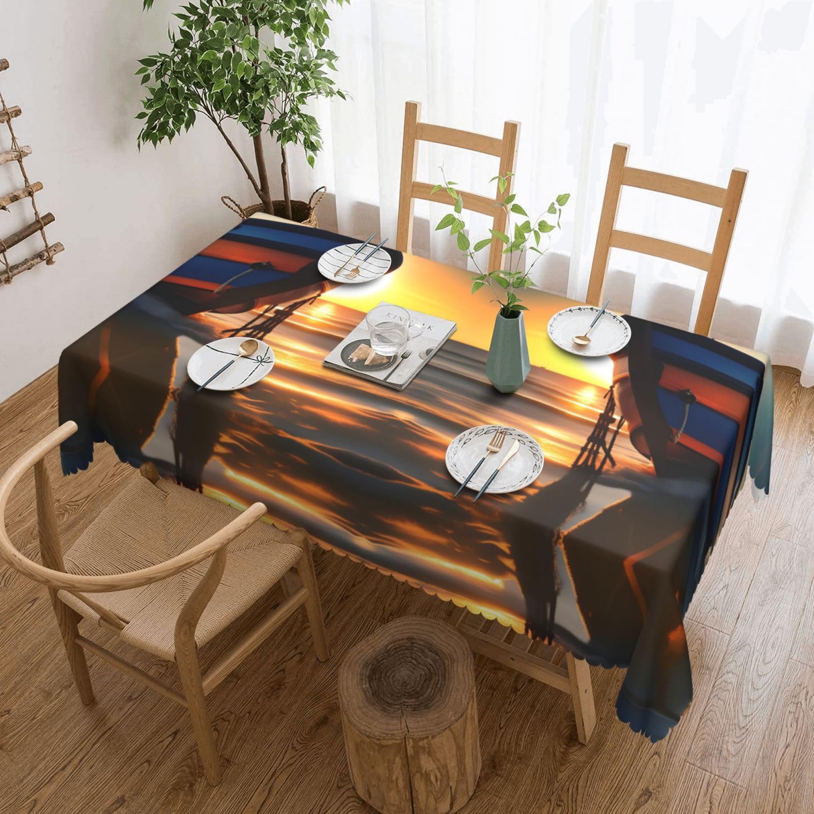 Nappe rectangulaire en tissu imprimé nautique soleil et bateaux pour table de salle à manger