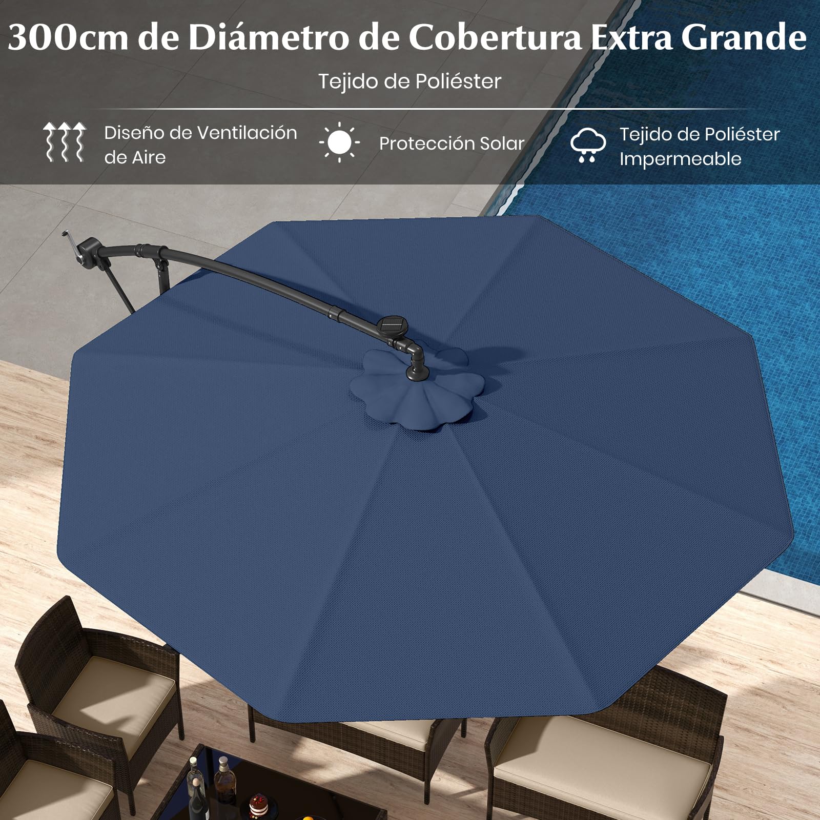 GOPLUS Sombrilla Terraza Exterior 3x3 m con 40 Luces LED Solares, Parasol Excentrico Inclinable con Pie y Base, Altura ajustable, Resistente al Viento y GuardaSol (con Base y LED, Azul, 3 M)