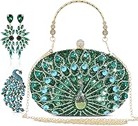SilTriangle Peacock Evening Clutch Purse Set: 3-Pc Green Rhinestone Handbag, Earrings & Brooch for Weddings, Prom, Parties