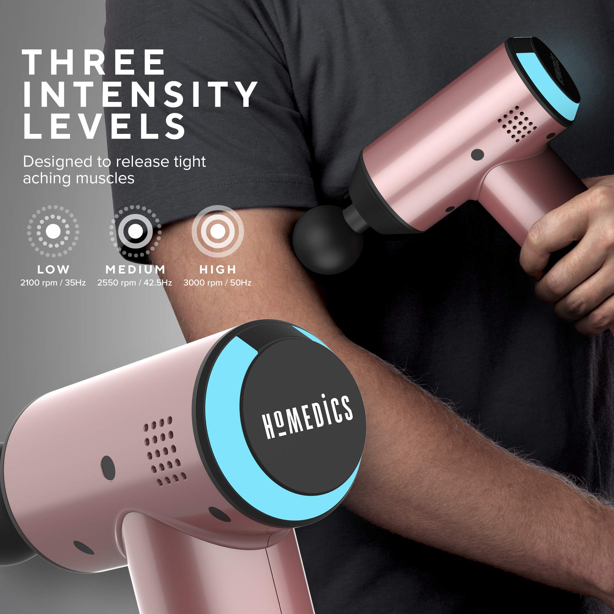 HoMedics Massage Gun | Massagepistole | Tragbares Physiotherapie-Massagegerät, professionelle Physio-Tiefenmassage, Perkussionsmassage für die Muskeln, 3 Massageköpfe, kabellos, wiederaufladbar, Rose