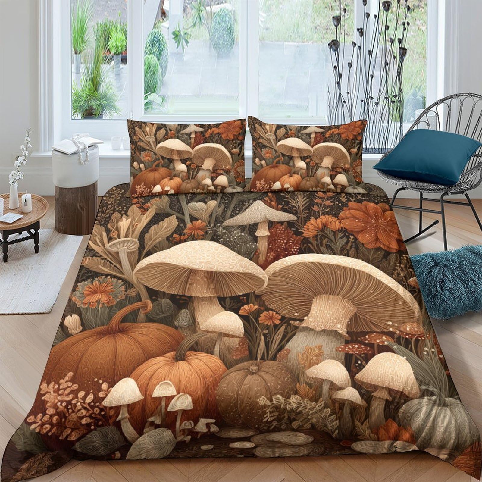 Ctjqhvkz Style-2 3D Printed Autumn Forest Mushroom Fitted Sheet Microfiber Soft Brown Pumpkin Mattress Cover For Bedroom Dorm House Decor Single（135X200cm）