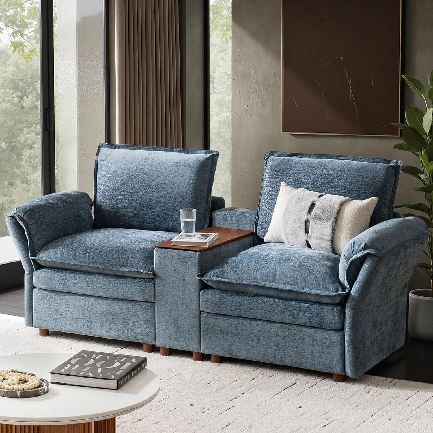 Modern Loveseat with Convertible Armrests & Storage Console, Modular Sectional Sofa with Wireless Charging & USB Ports for Living Room, 2-Seater, Blue