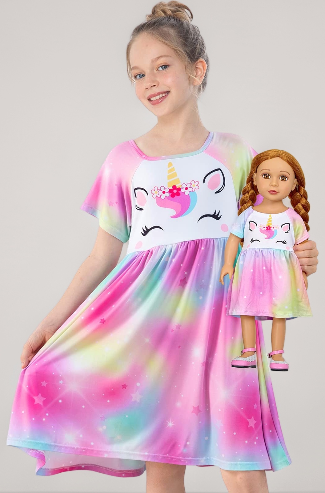 Play Tailor Doll and Girl Matching Nightgown Unicorn Outfit Night Dress for Girls and 18" Dolls, 6-7 Years, Colorful Purple