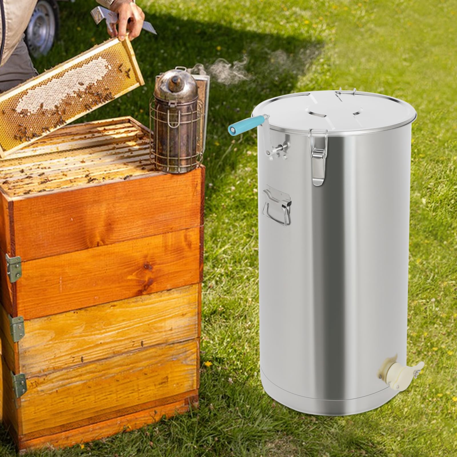Honigschleuder Manuell, Honigschleuder Edelstahl, Honey Extractor 2 Waben, Honig-Kapazität 22.5kg, Honig Extractor für eine Vielzahl von Bienenarten geeignet