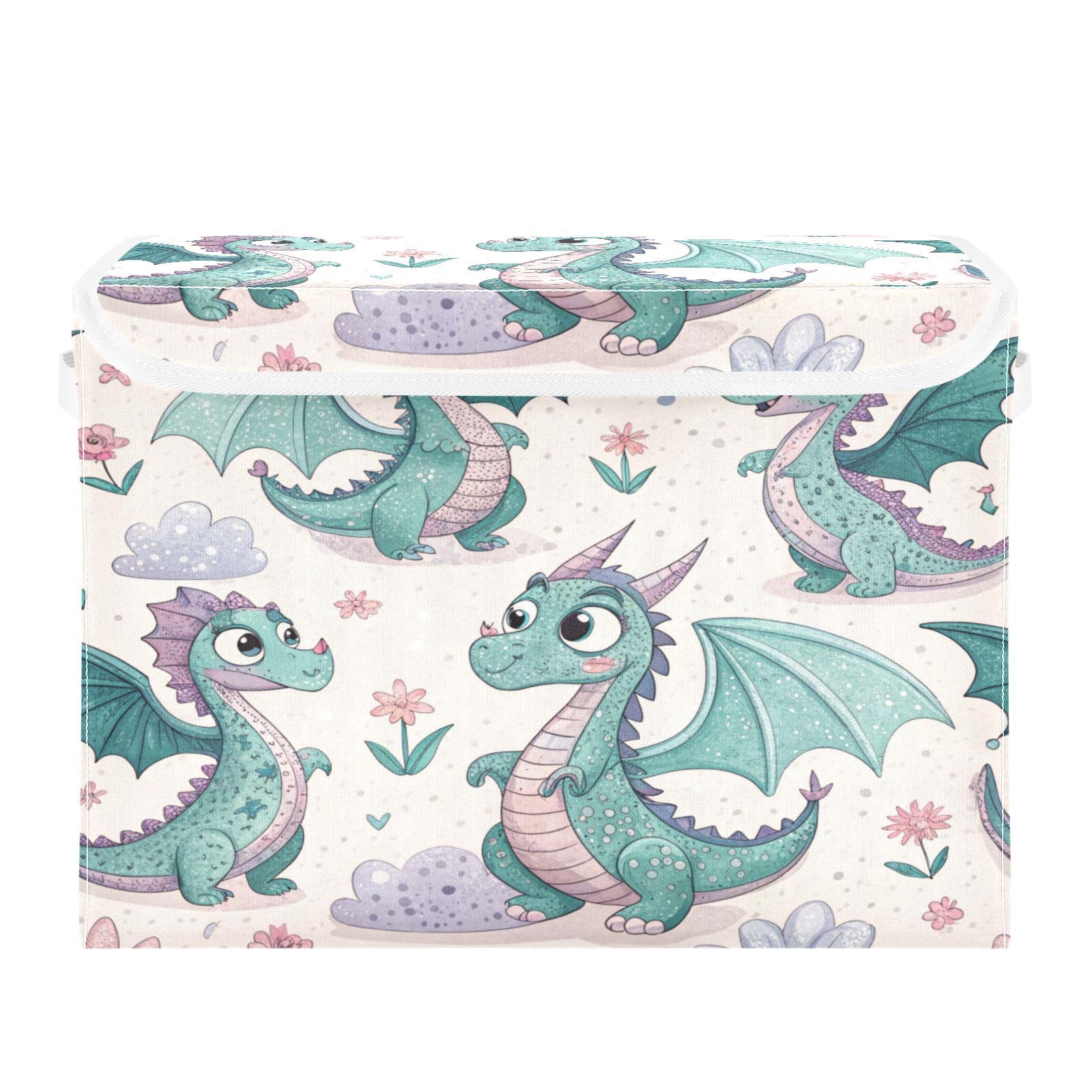 Ewusp Cute Dragon Fabric Storage Bin with Lid, Decorative Foldable Storage Basket with Handles, Stackable Closet Shelf Organiser Box for Clothes, Books, Bedroom, Living Room
