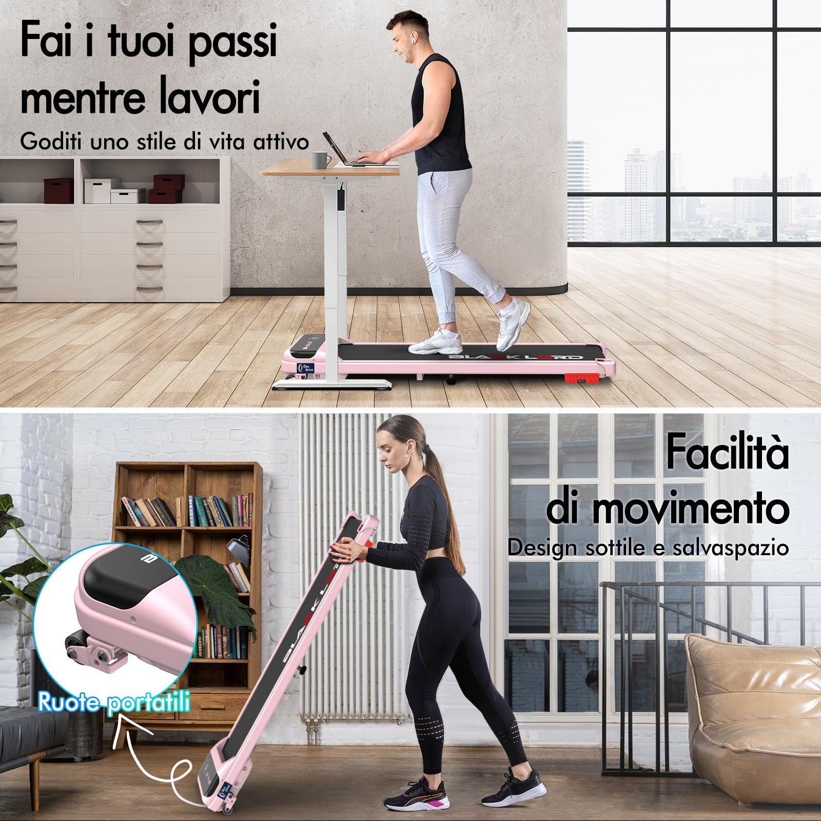BLACK LORD Tapis roulant, Walking pad 12/16 km/h, Tappetino da corsa con/senza inclinazione del 9%, Sotto la scrivania, Portatile, Silenzioso, Display LED, App, Capacità di carico 140 kg