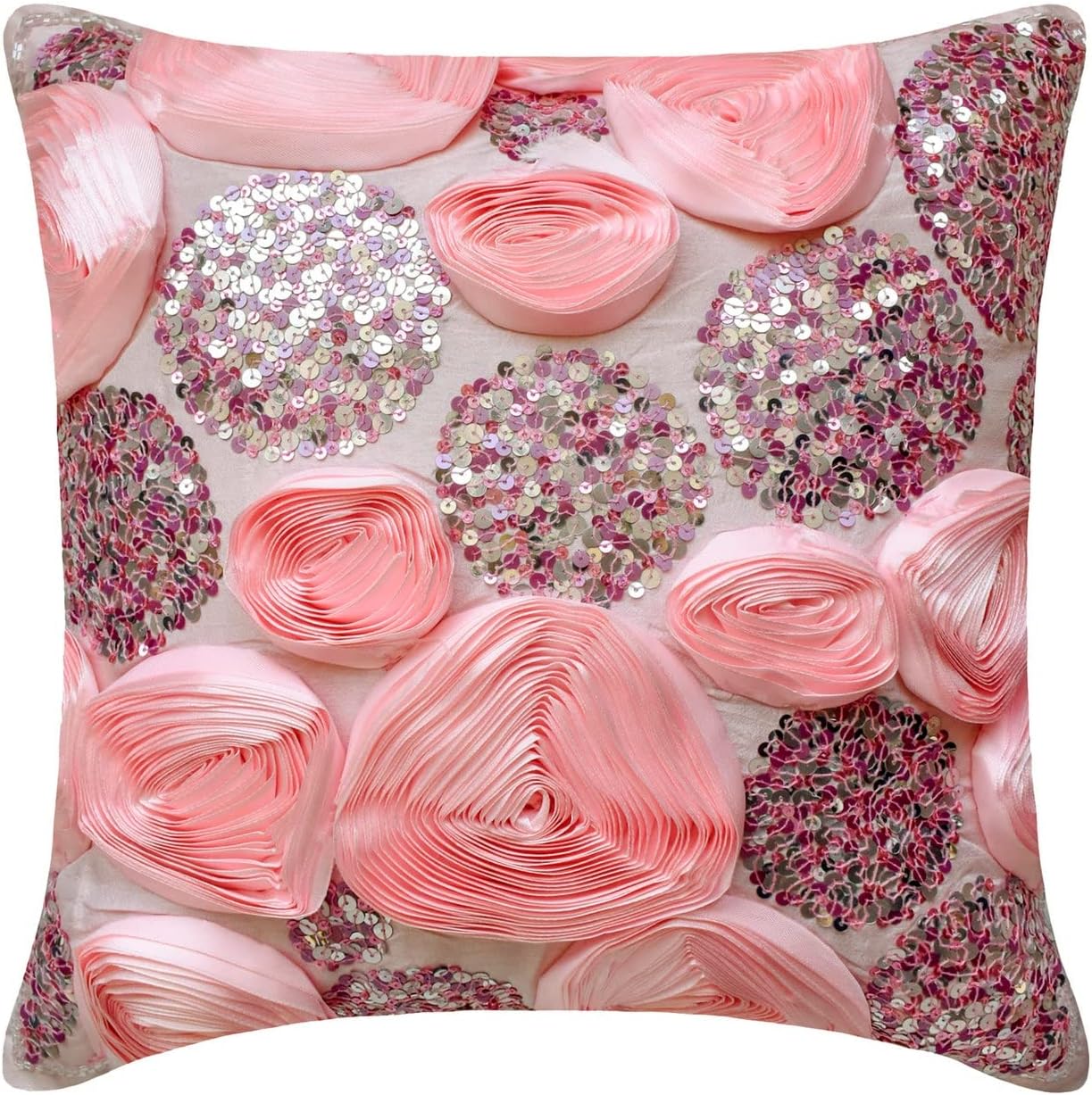 The HomeCentric Cushion Cover, Pink Pillows Cover, Ribbon Pink Rose Flower & Sequins Pillows Cover, 14x14 inch (35x35 cm) Pillows Cover, Square Silk Pillows Covers Couch, Floral - Sweet Kisses