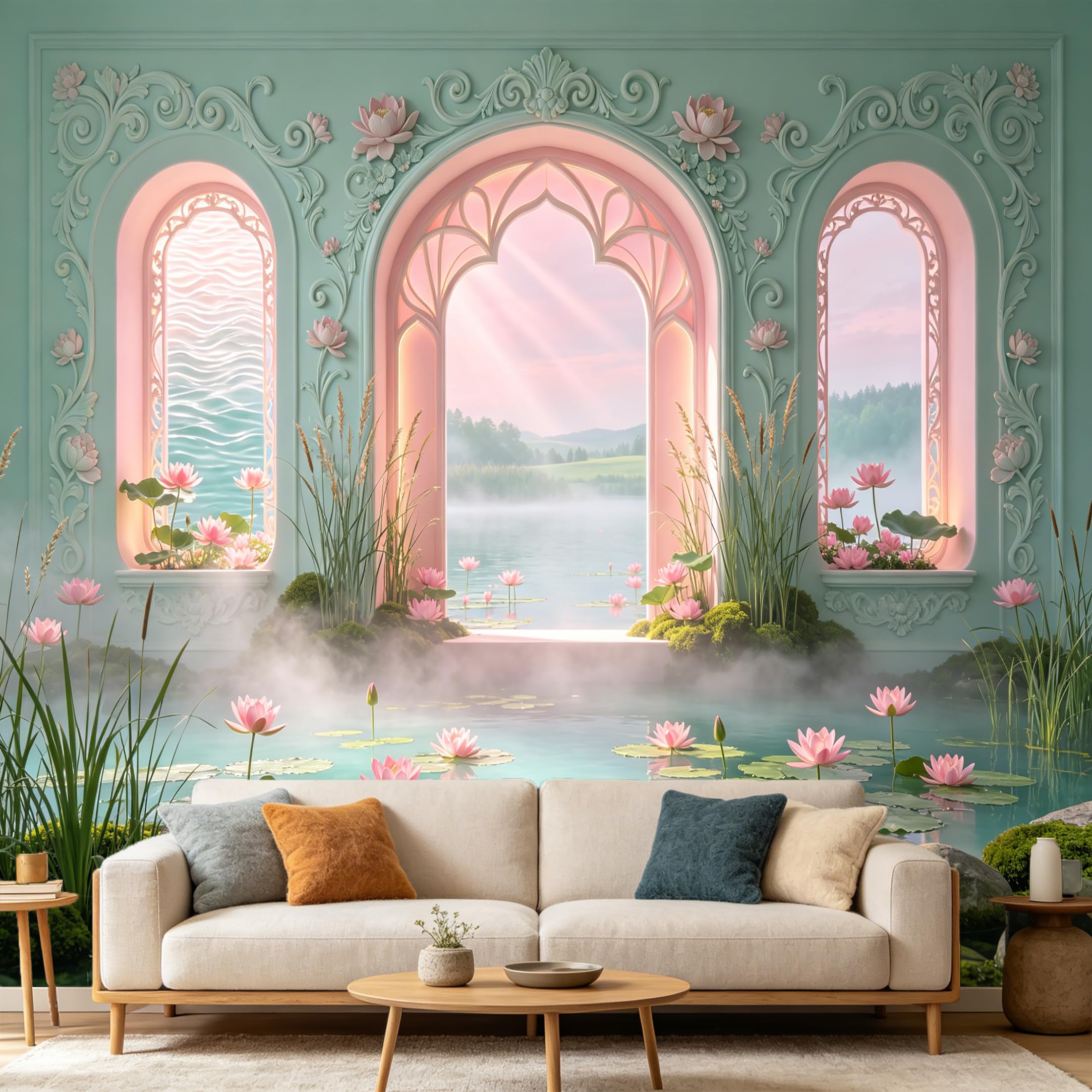 Custom Size Wall Mural， 3D Neoclassical Archway Pink Lotus Pond Landscape， SelfAdhesive Art Prints wall Fabric Removable Large Wallpaper Home Living Room Decor