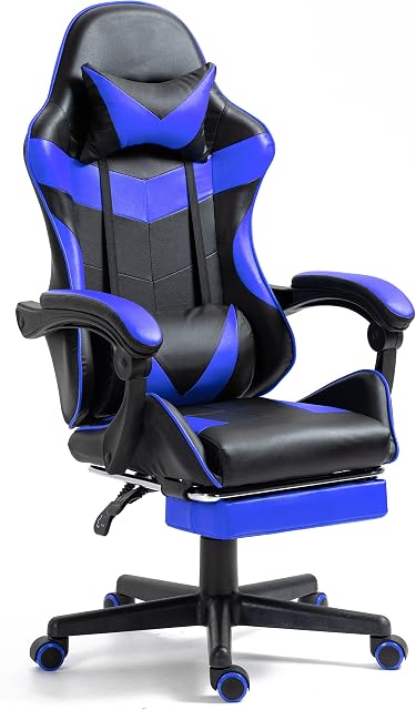 Gaming Chairs For Adults With Footrest, Racing Gaming Chair Ergonomic Office Chair Swivel Chairs With Lumbar Support, Leather Computer Desk Chair, Upto 150kg Weight Capacity (Blue & Black)