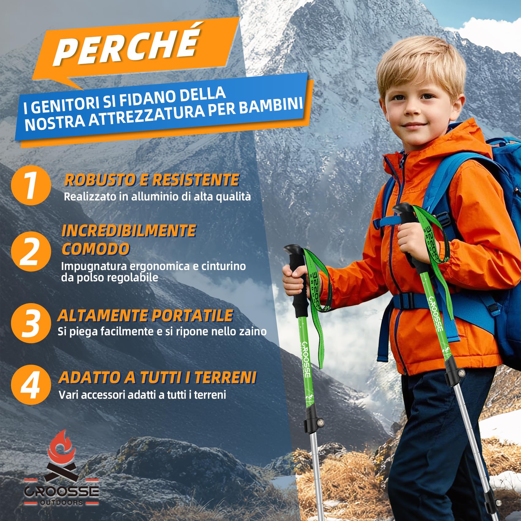 Bastoni da trekking regolabili per bambini, bastone da passeggio leggero